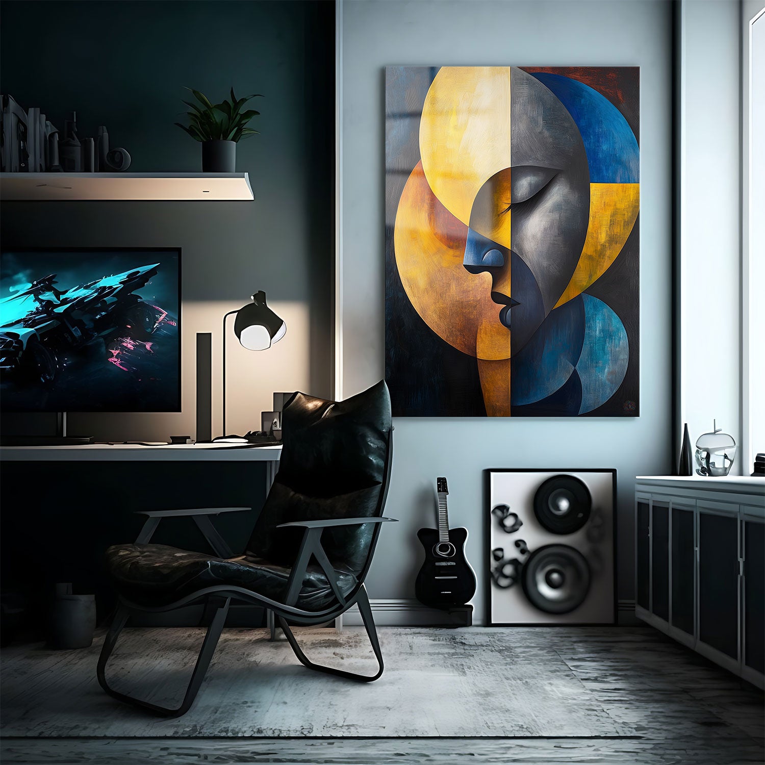 This abstract painting explores the themes of duality and introspection through a beautifully layered, geometric portrayal of a face split down the middle.