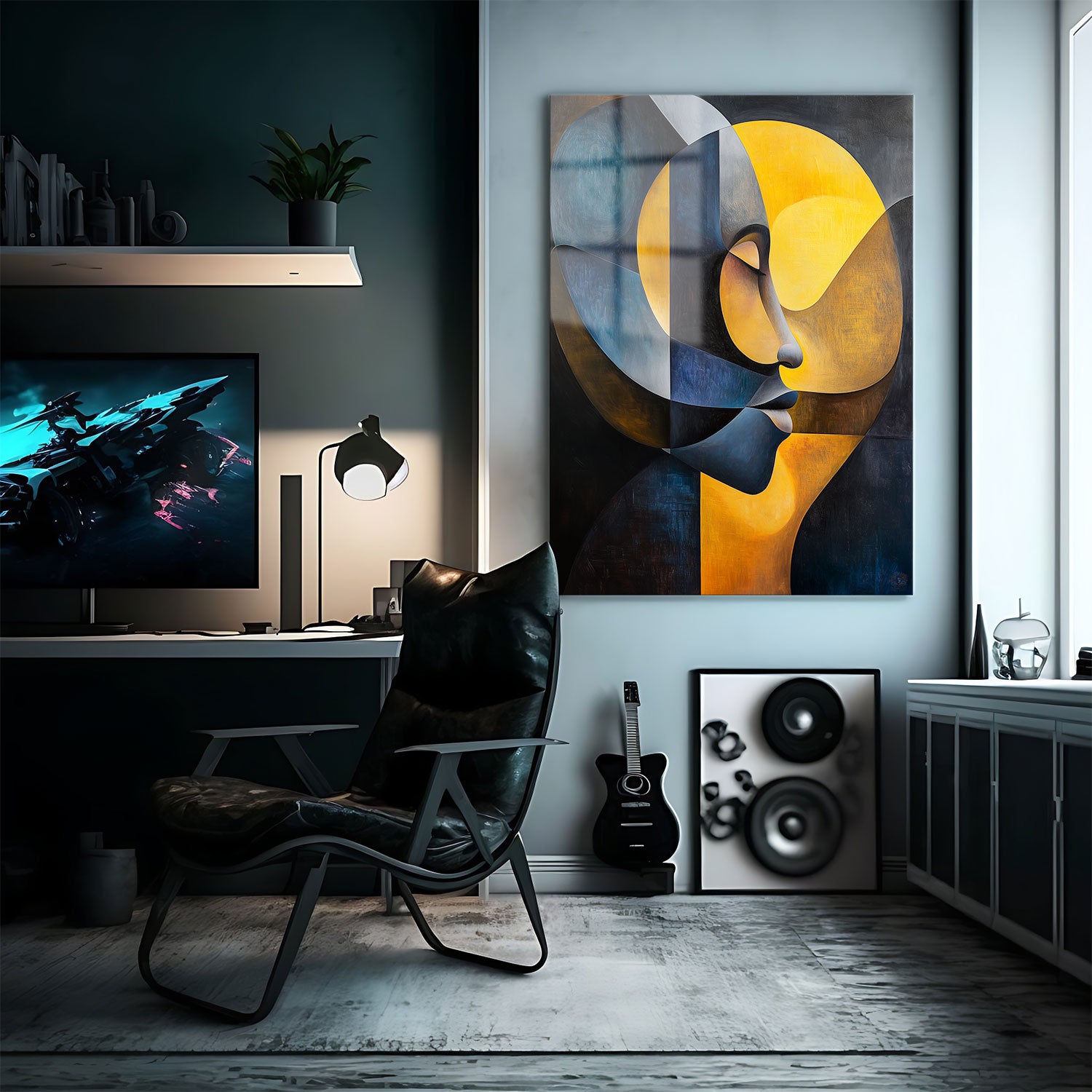 This striking abstract artwork presents a face in profile, composed of interlocking geometric shapes in vibrant yellows, deep blues, and neutral grays.