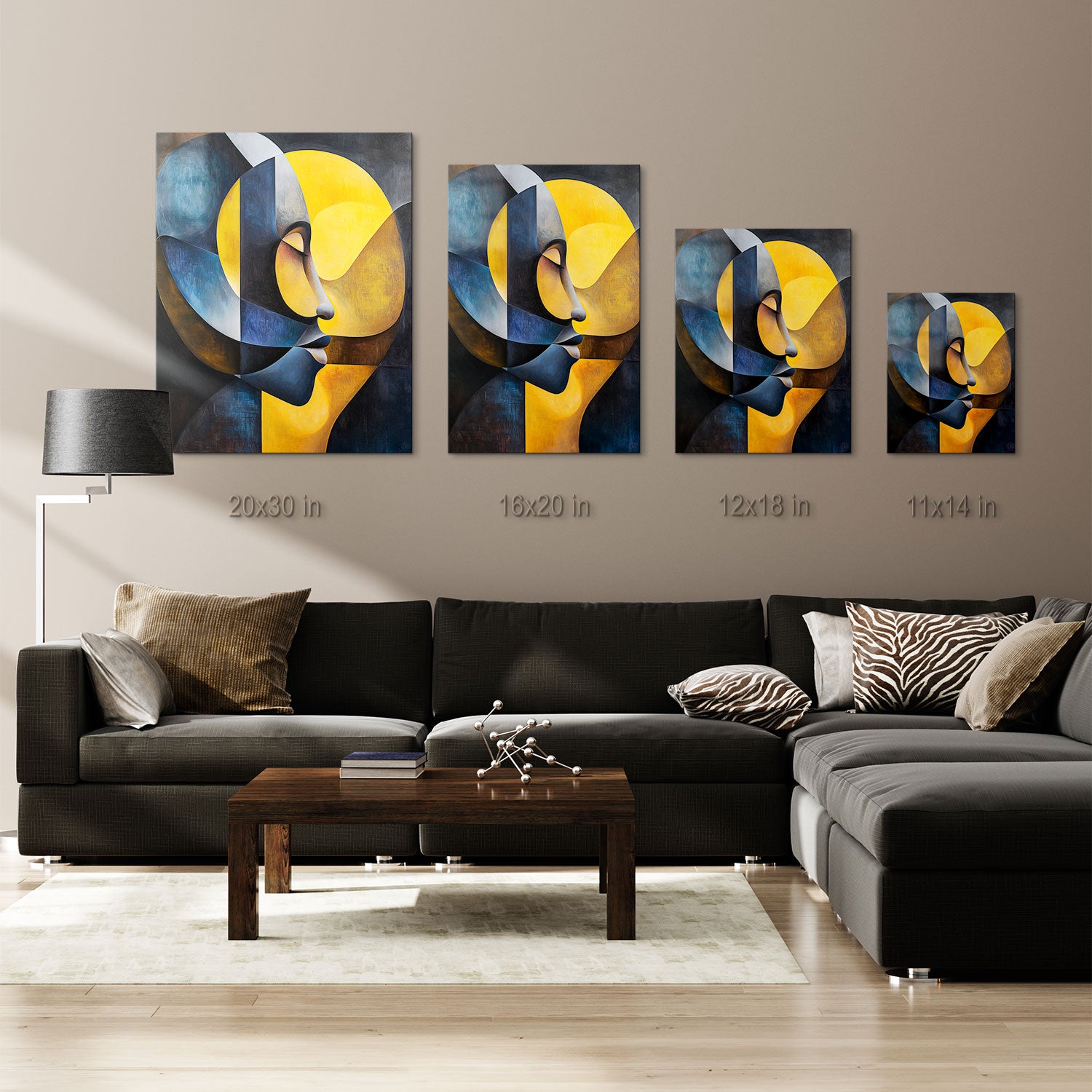 The composition's fluid lines and bold colors evoke a feeling of warmth meeting coolness, light blending with shadow, and a tranquil introspective state.