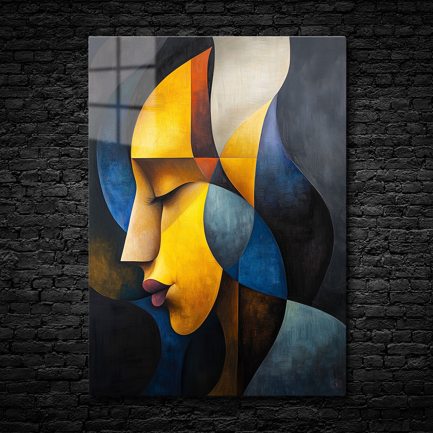 Abstract art of a woman’s profile in geometric shapes, with warm yellow, blue, and gray hues, representing calm and contemplation.