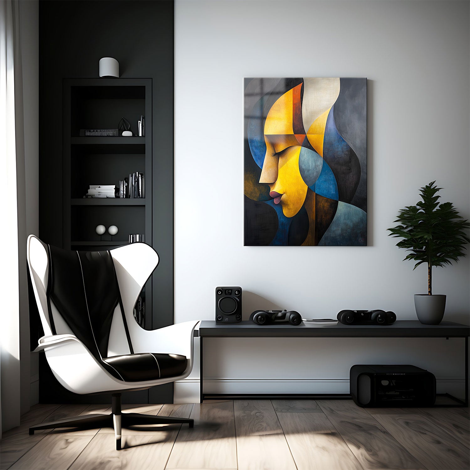 Golden yellows, deep blues, and soft grays converge to evoke a sense of calm and contemplation.