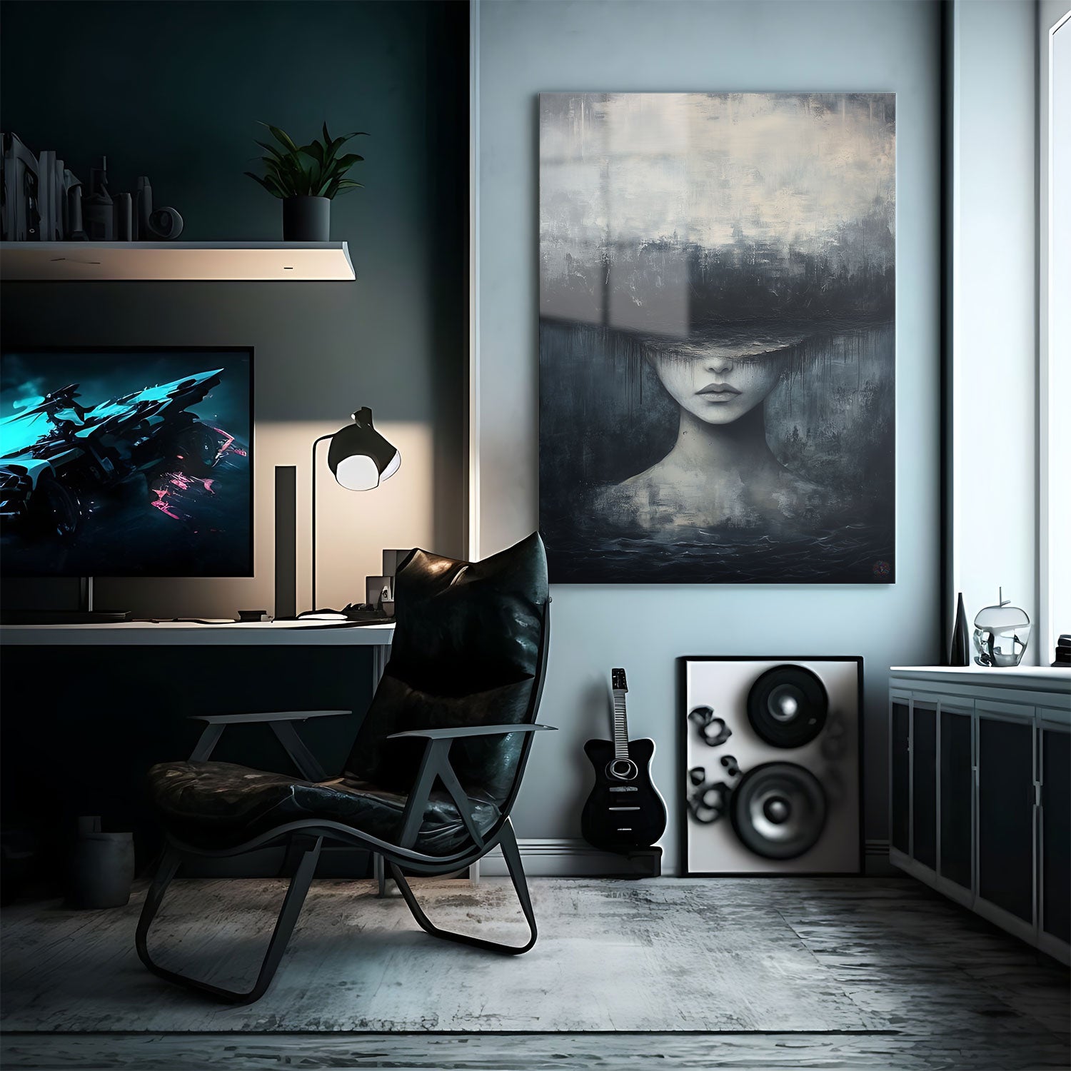 This evocative metal print portrays a hauntingly beautiful figure with their eyes obscured by an abstract landscape, blending sky, water, and shadows. - Metal Print