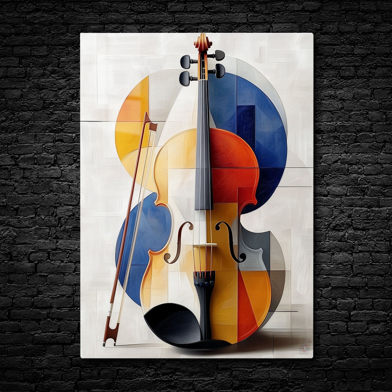 Abstract artwork of a violin with warm orange and cool blue tones, set against a textured background - Metal Print