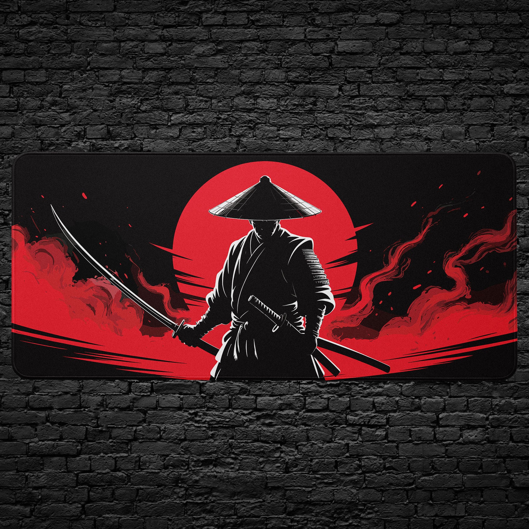 Samurai desk mat with Japanese warrior silhouette and red sun design