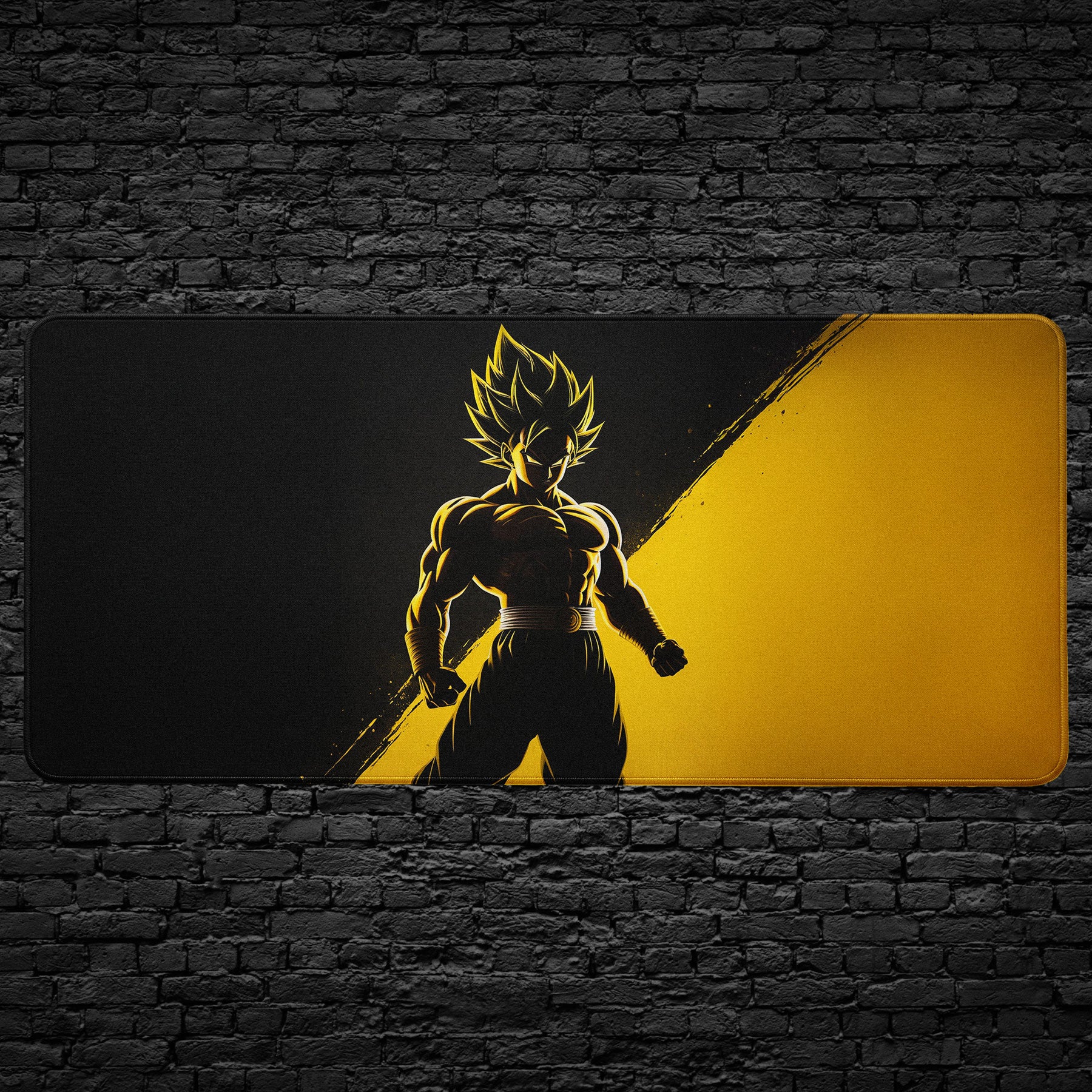 Anime desk mat with Super Saiyan silhouette and yellow background