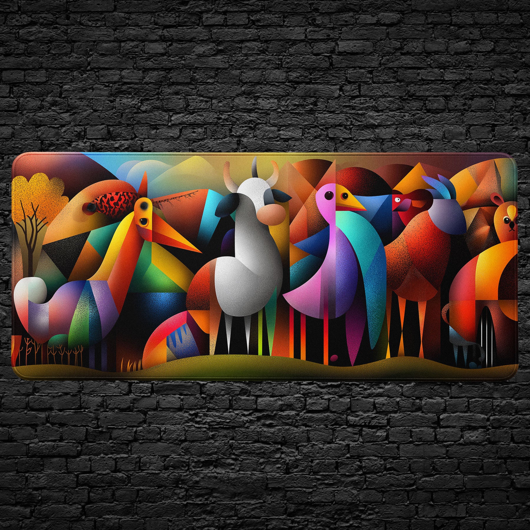 Abstract animal art desk mat on modern office desk with monitor