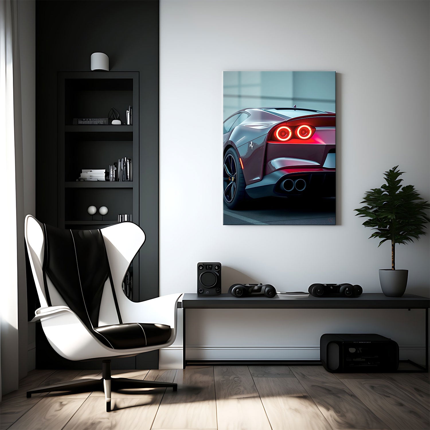  The deep red body gleams under the light, accentuating its refined, high-performance build.