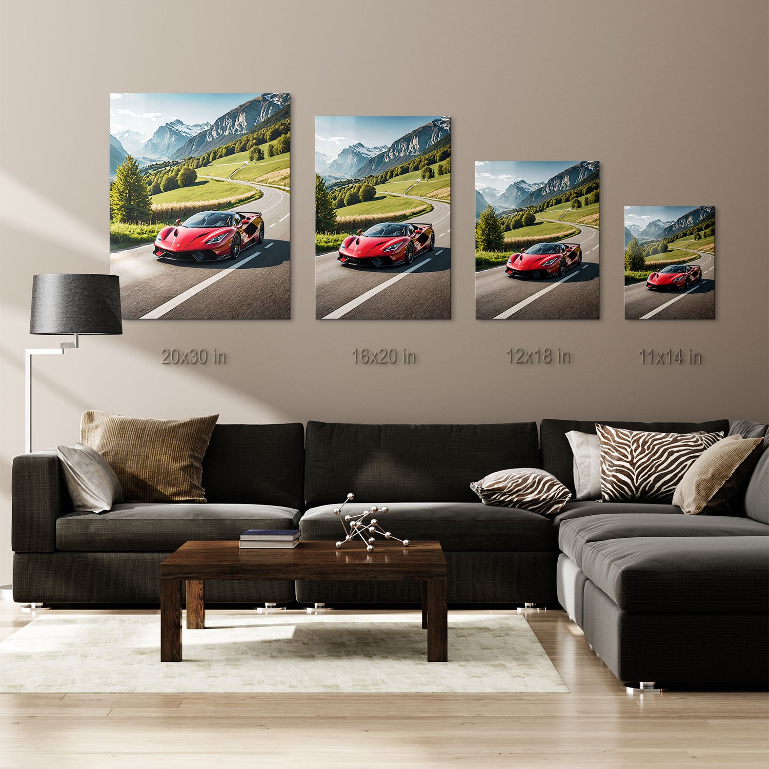 A red supercar cruising through a picturesque alpine landscape, with winding roads and towering Swiss Alps in the background.