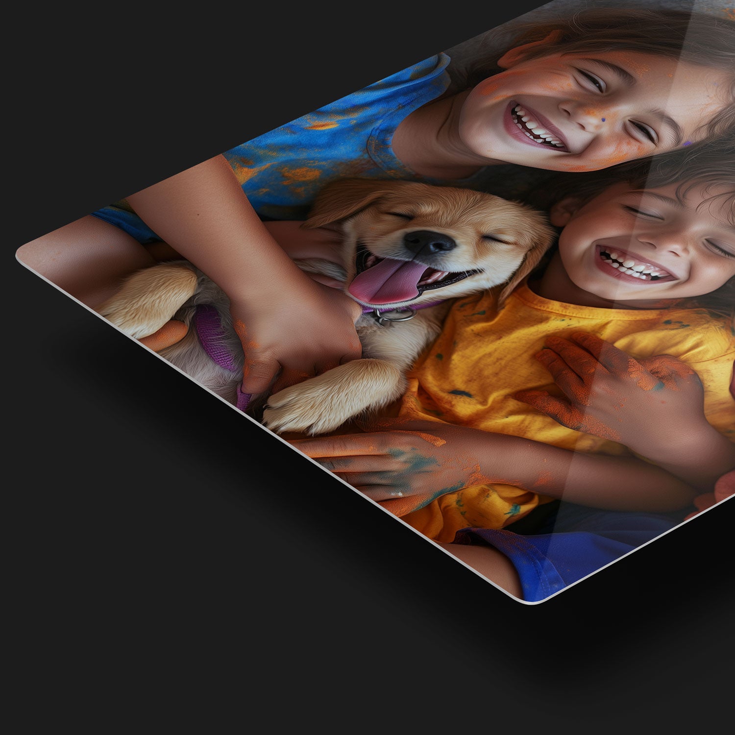 A close-up of a custom metal print featuring a family portrait, highlighting the glossy finish and detail of CRUART’s personalized metal prints.