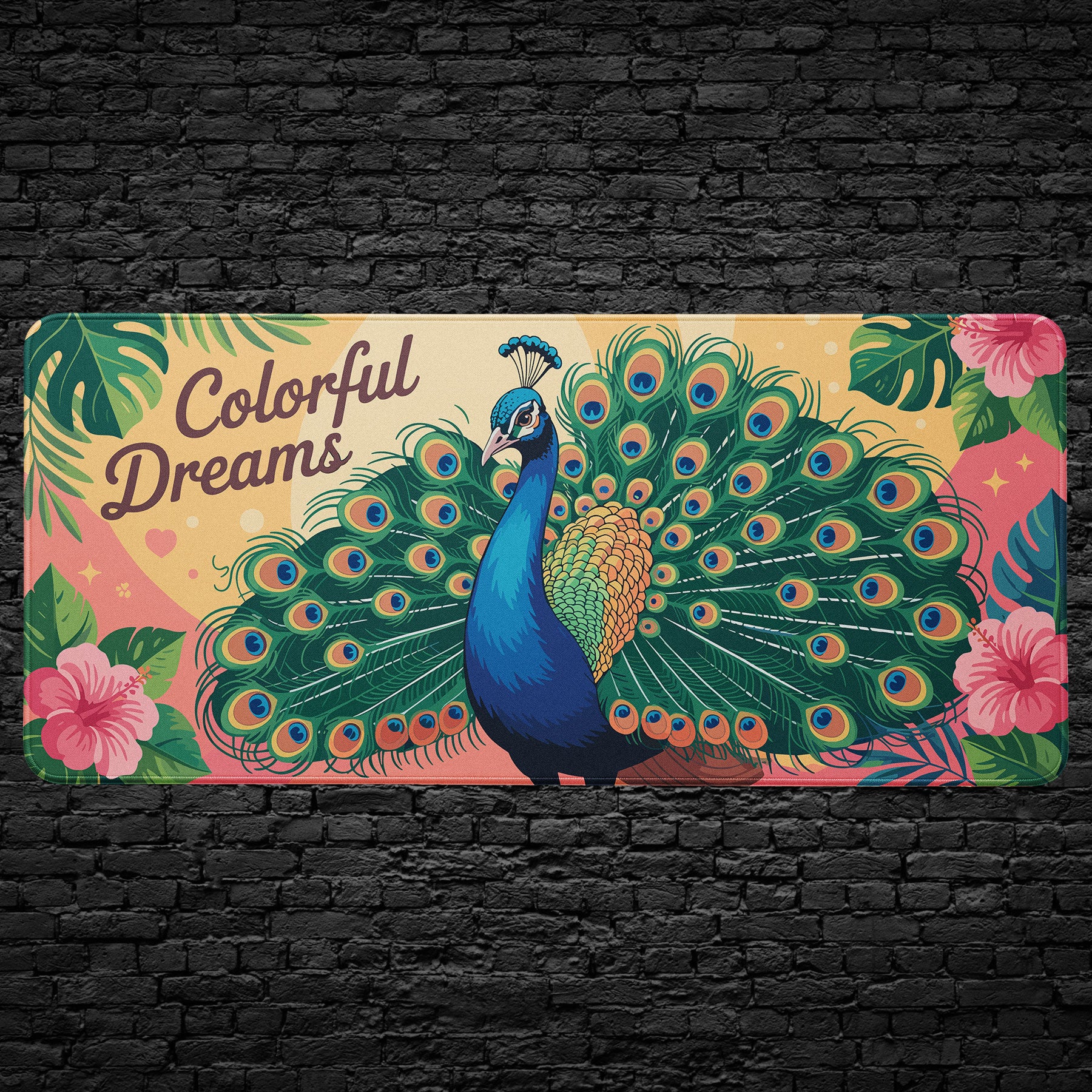 Peacock desk mat with “Colorful Dreams” text and vibrant feathers