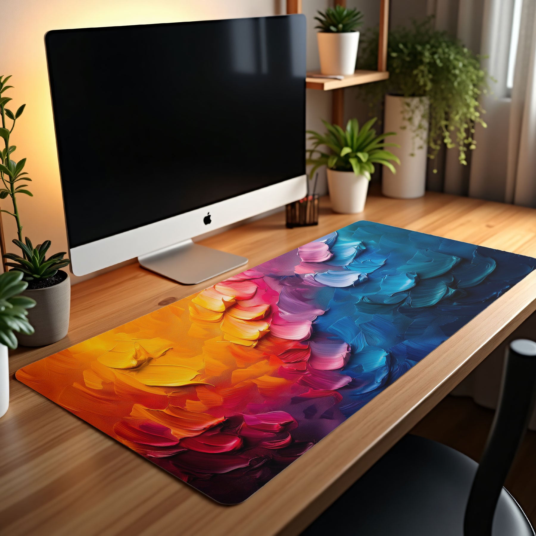 Large mouse pad with red, orange, blue, and pink paint strokes