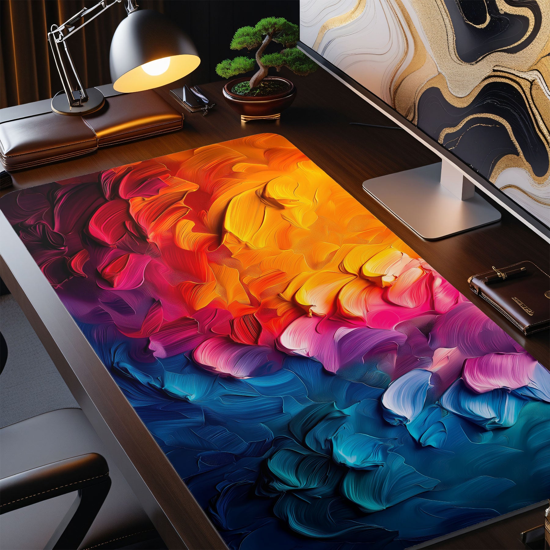 Artistic desk mat with bold abstract brush stroke patterns.