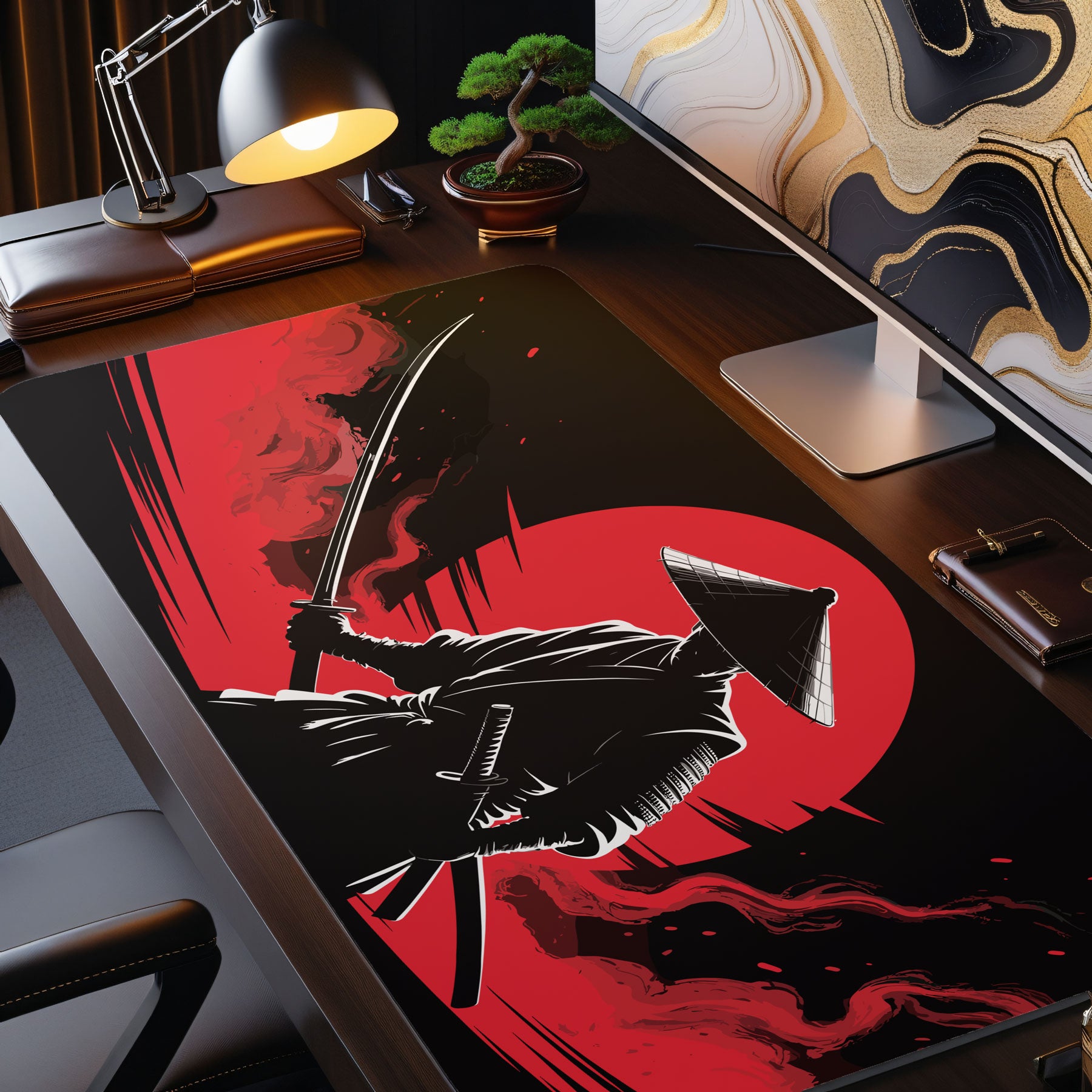 Artistic gaming desk mat with Japanese sword fighter silhouette