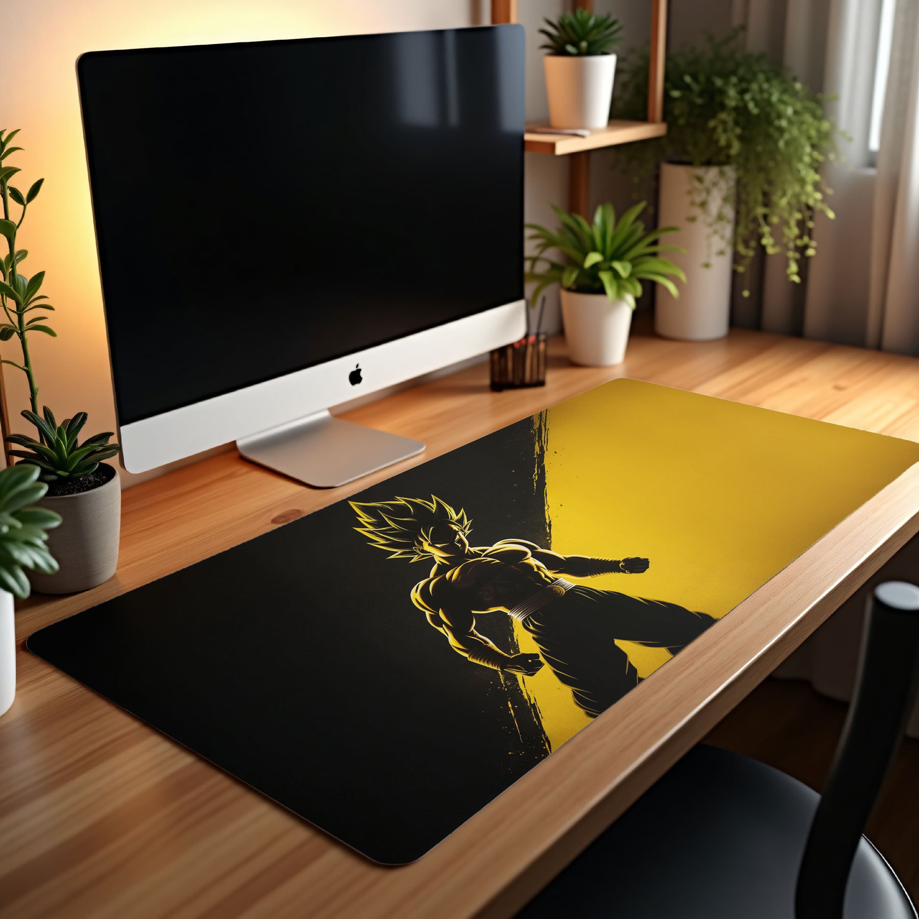 Bold anime warrior desk mat with black and yellow split design