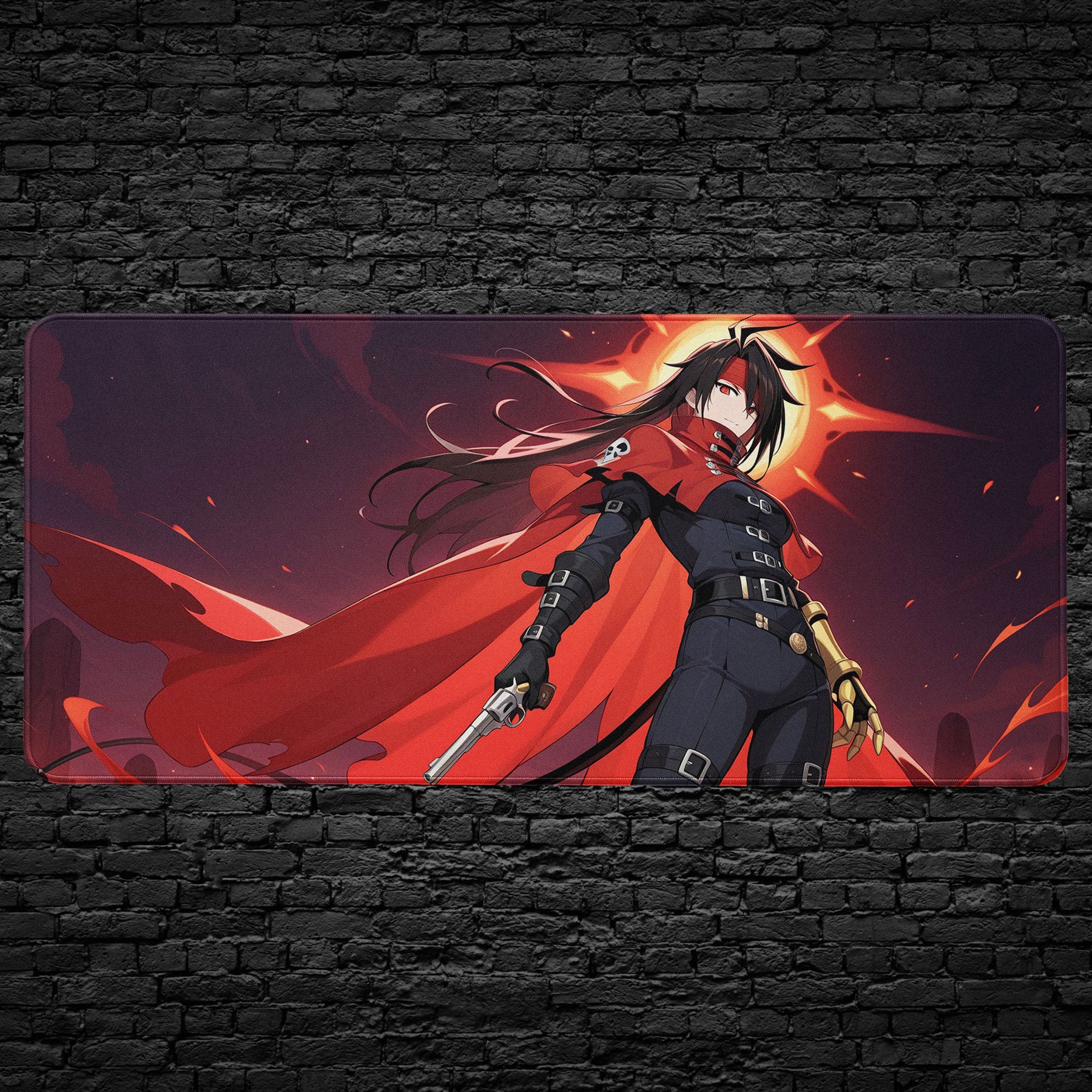 Anime Gunslinger Desk Mat – Dark Hero with Red Cape Gaming Mouse Pad