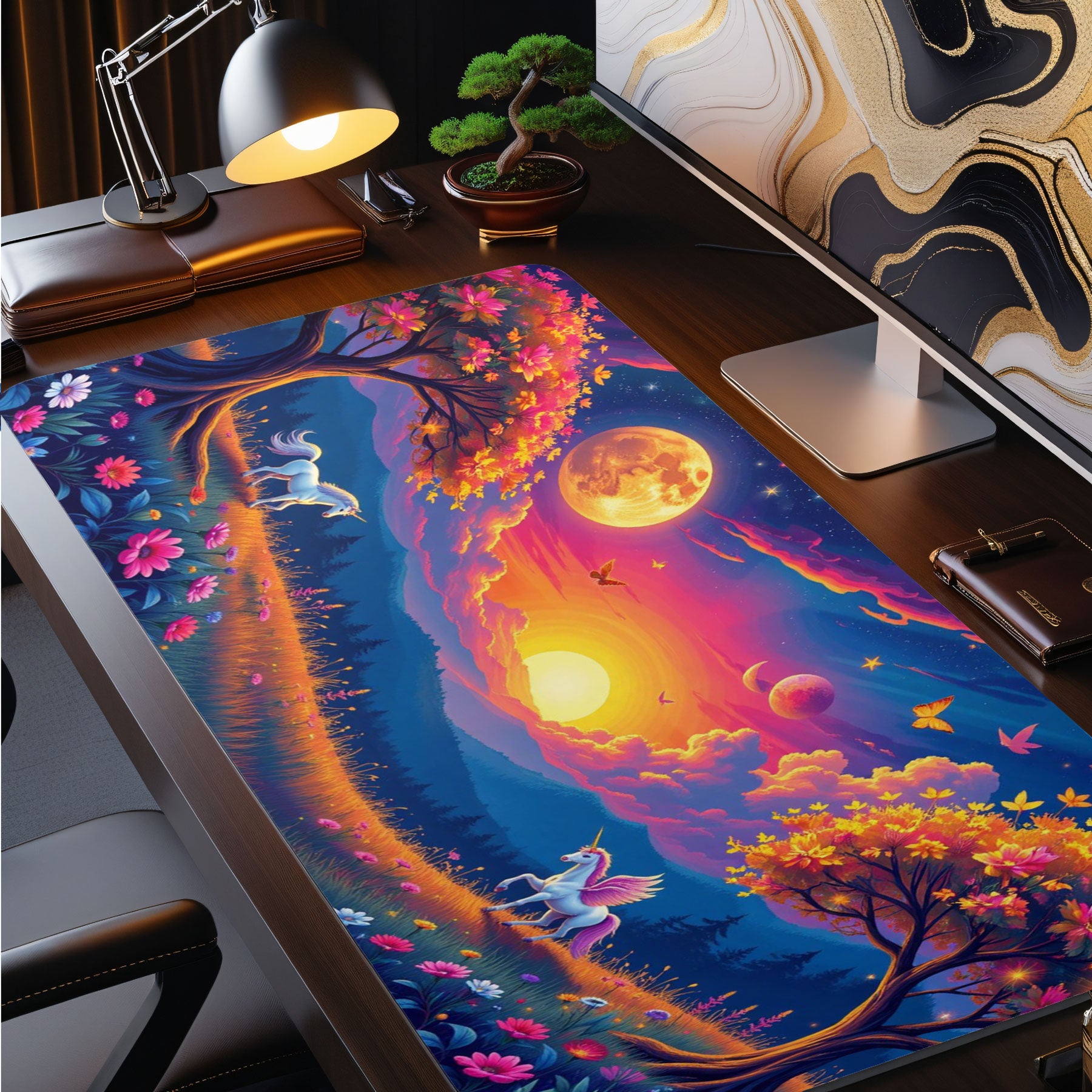 Colorful desk mat with fantasy design featuring unicorns and celestial elements on a desk.