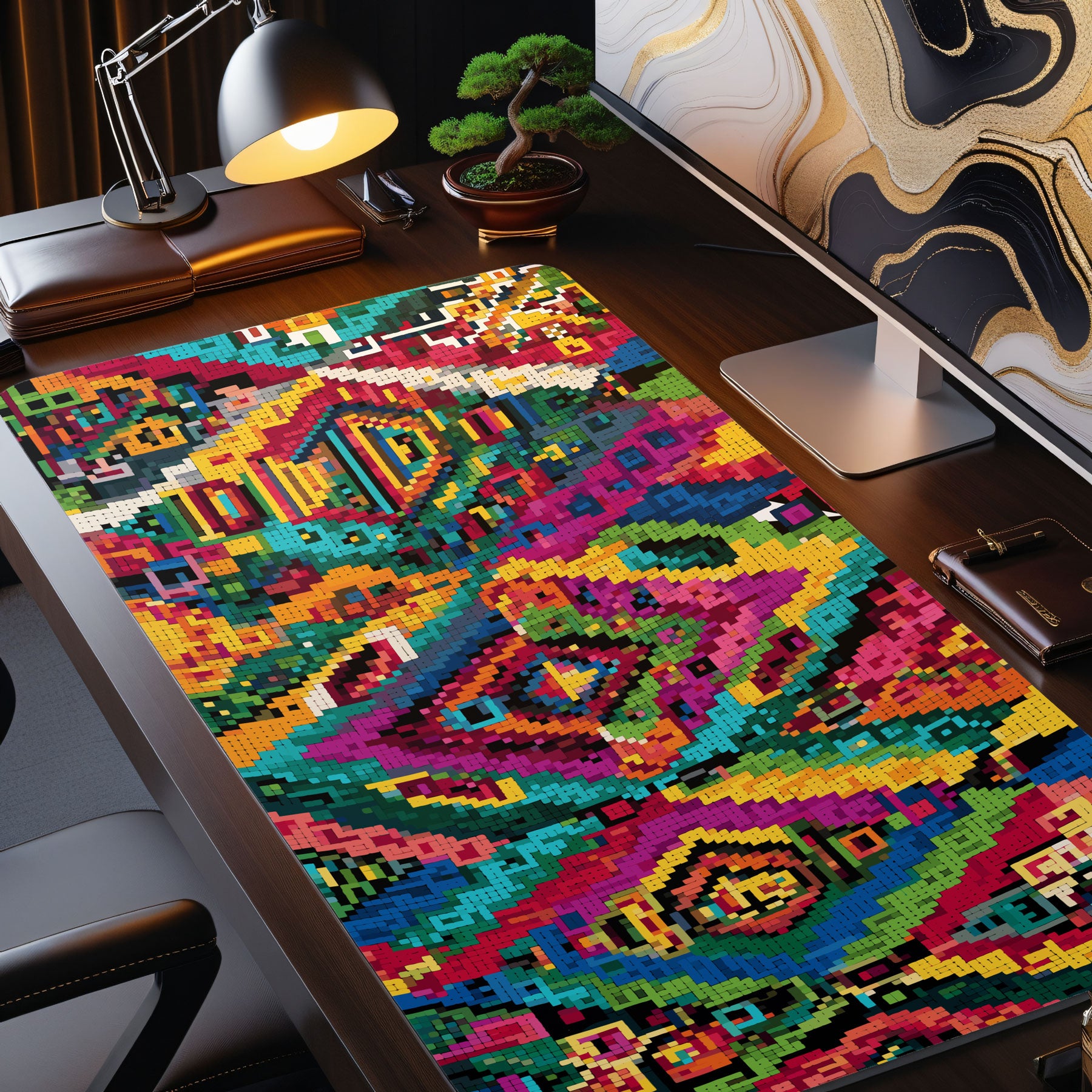 Large tribal-style gaming desk mat with bright colors