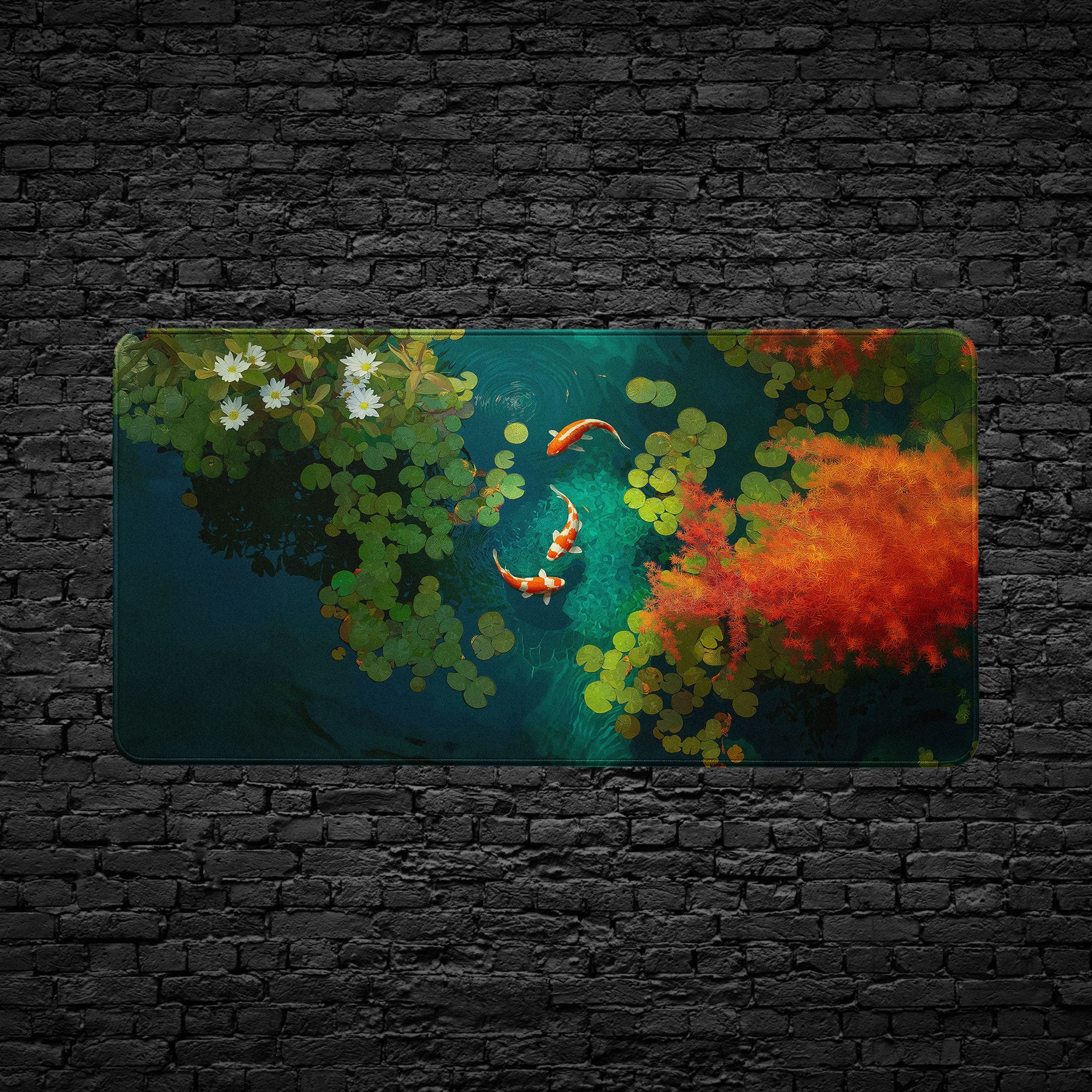 Colorful painting of two koi fish in a pond with flowers on a brick wall.