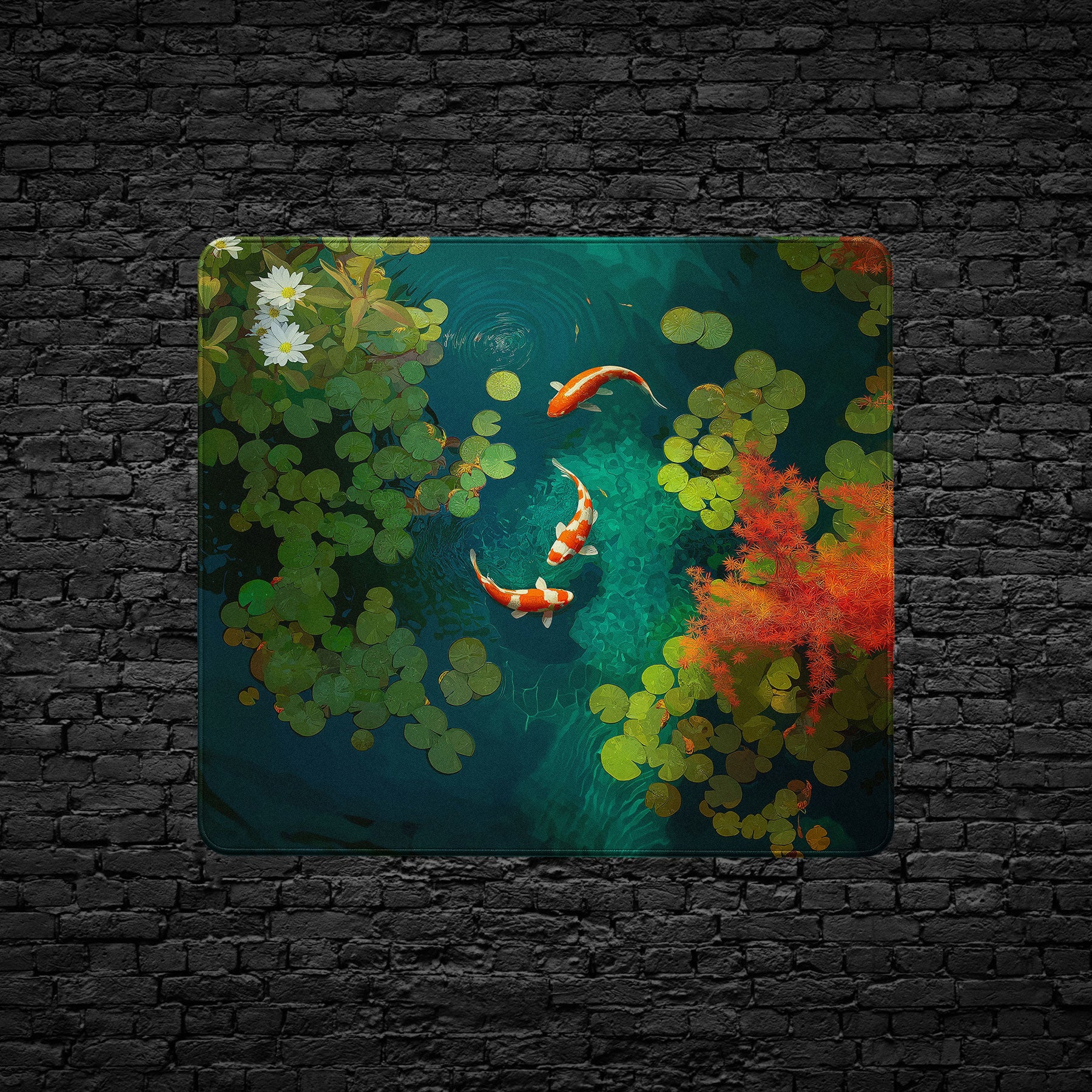 Artistic depiction of koi fish in a pond with lily pads on a brick wall background