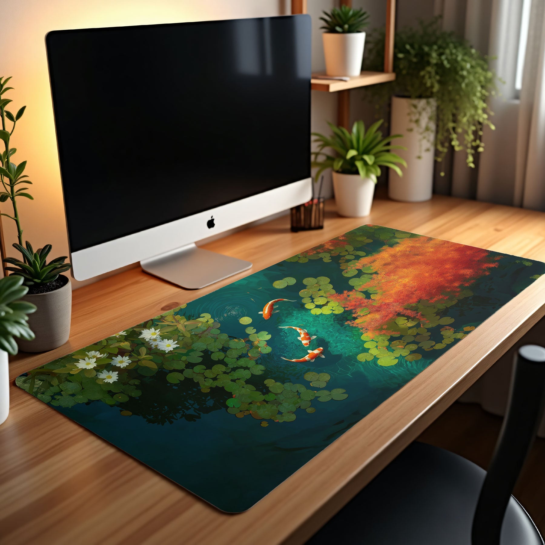 Desk setup with a computer monitor and decorative mouse pad featuring fish and nature design.