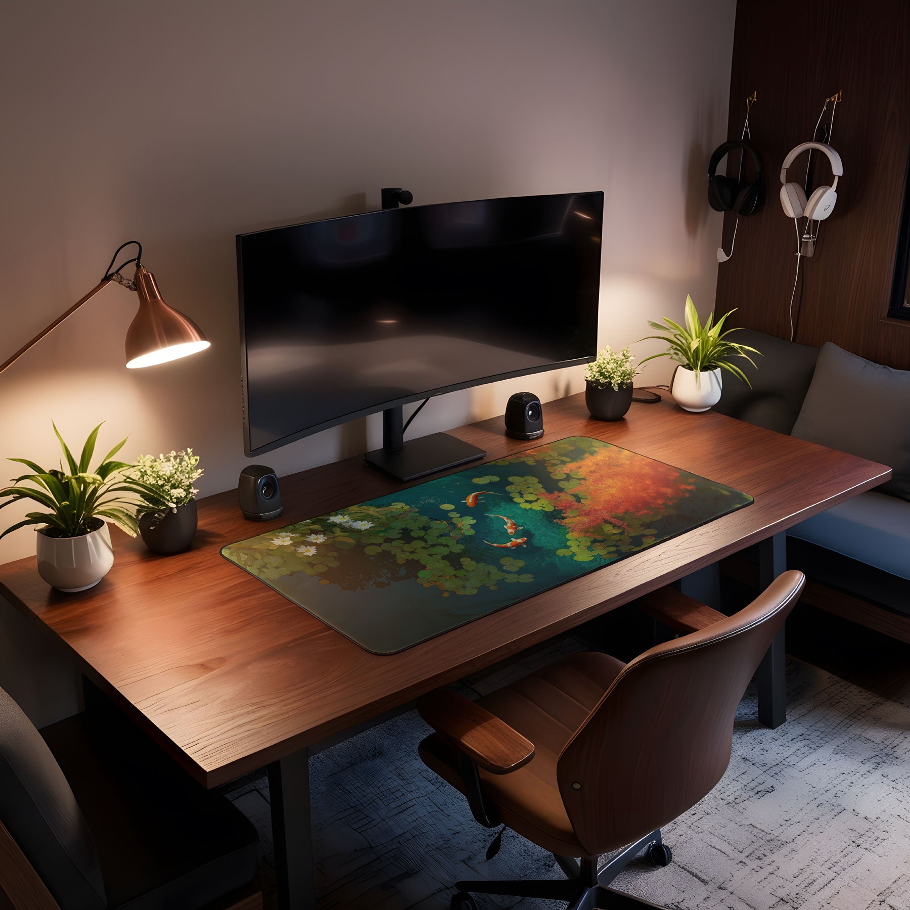 Modern home office setup with a desk, computer monitor, and decorative elements.