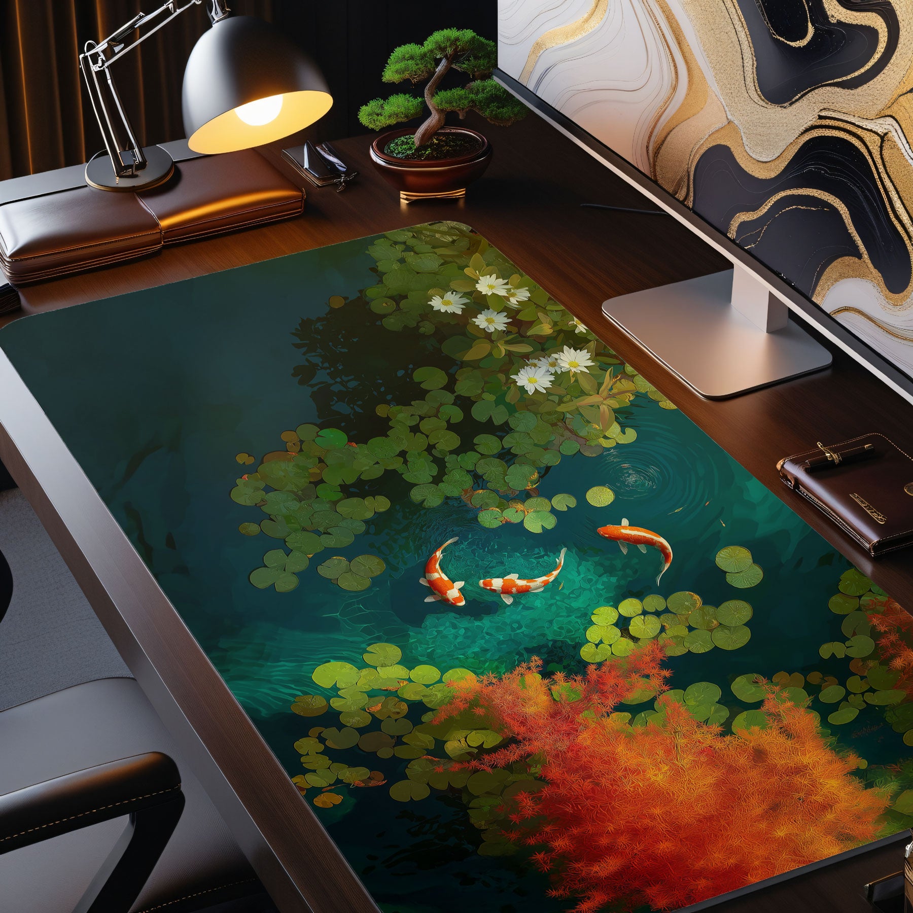 Desk setup with a nature-themed desk mat featuring koi fish and lily pads.
