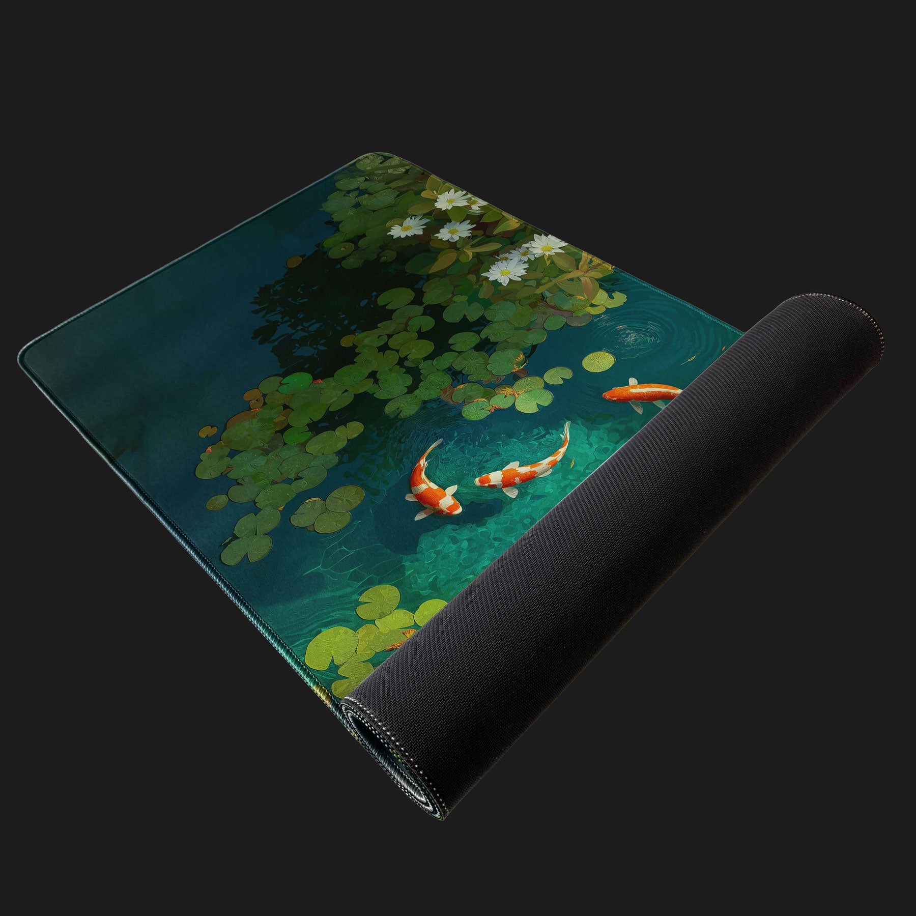 Yoga mat with a design of koi fish and water lilies on a dark background