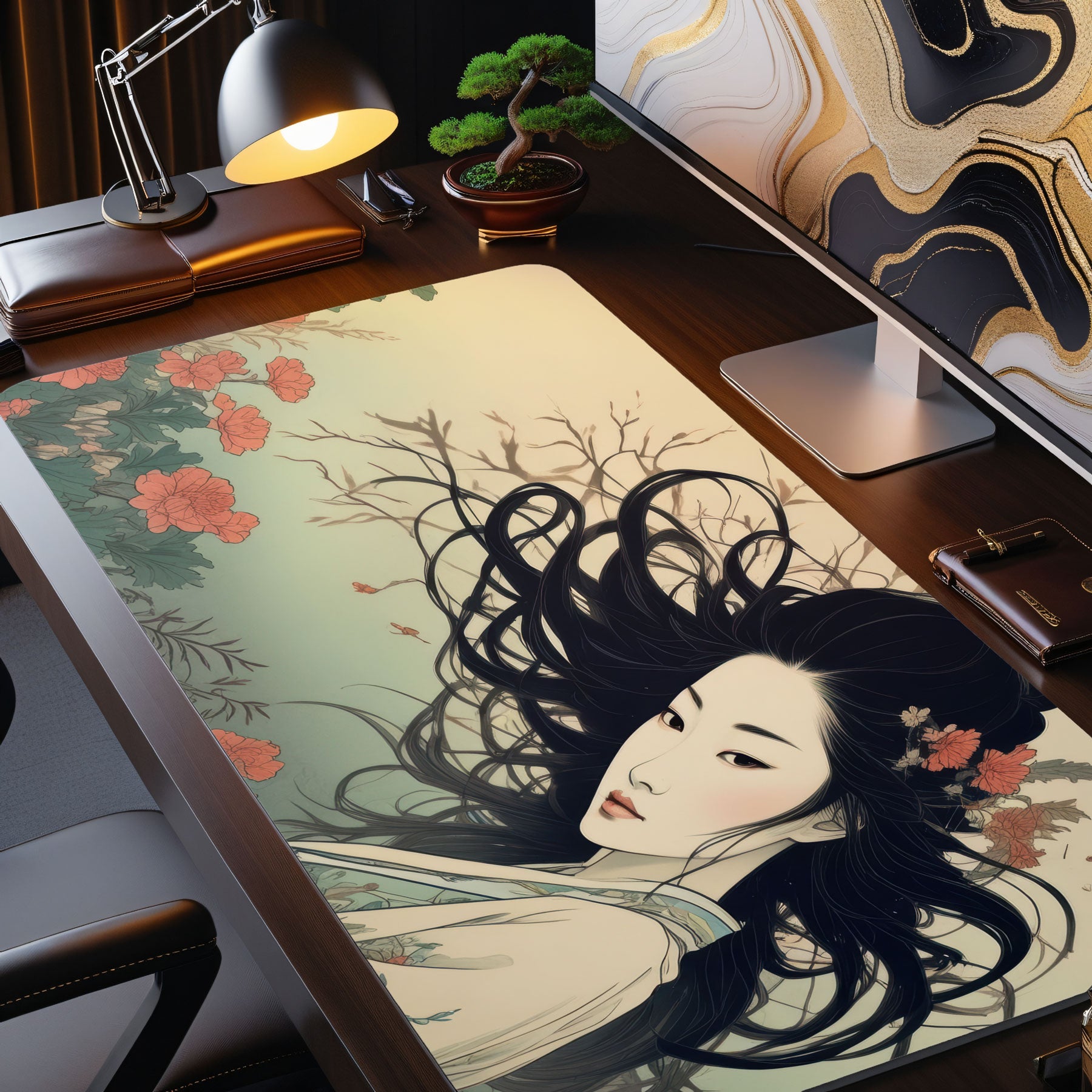 Desk setup with a decorative mat featuring an illustration of a woman with flowing hair and flowers.