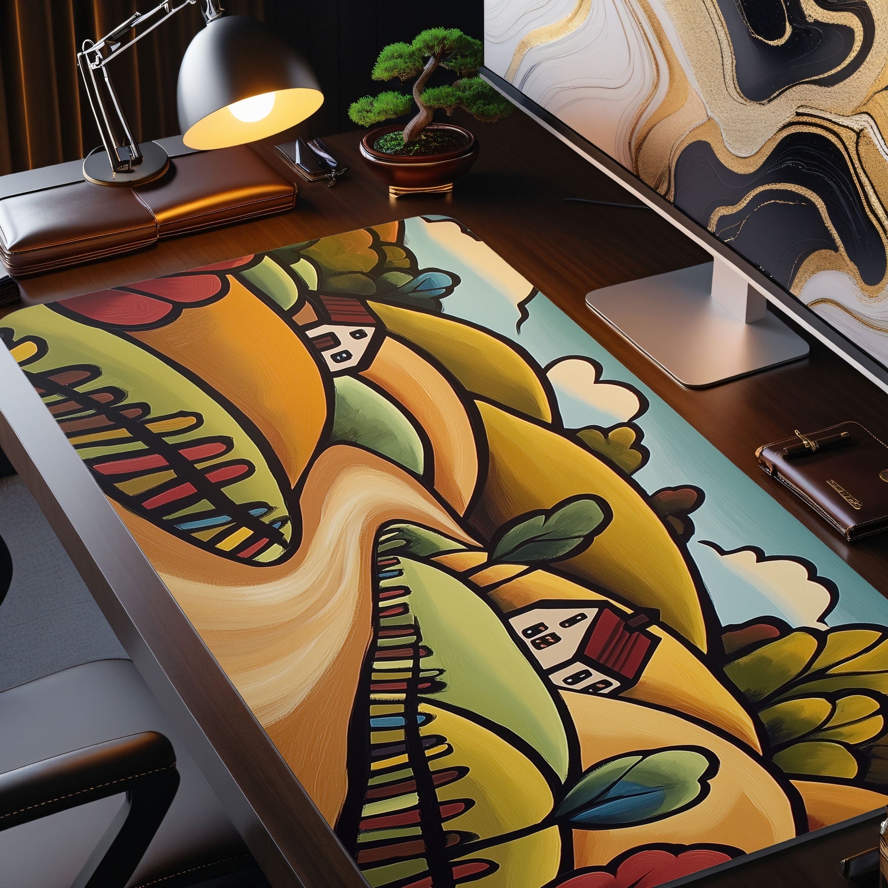 Colorful desk mat with artistic design on a desk setup