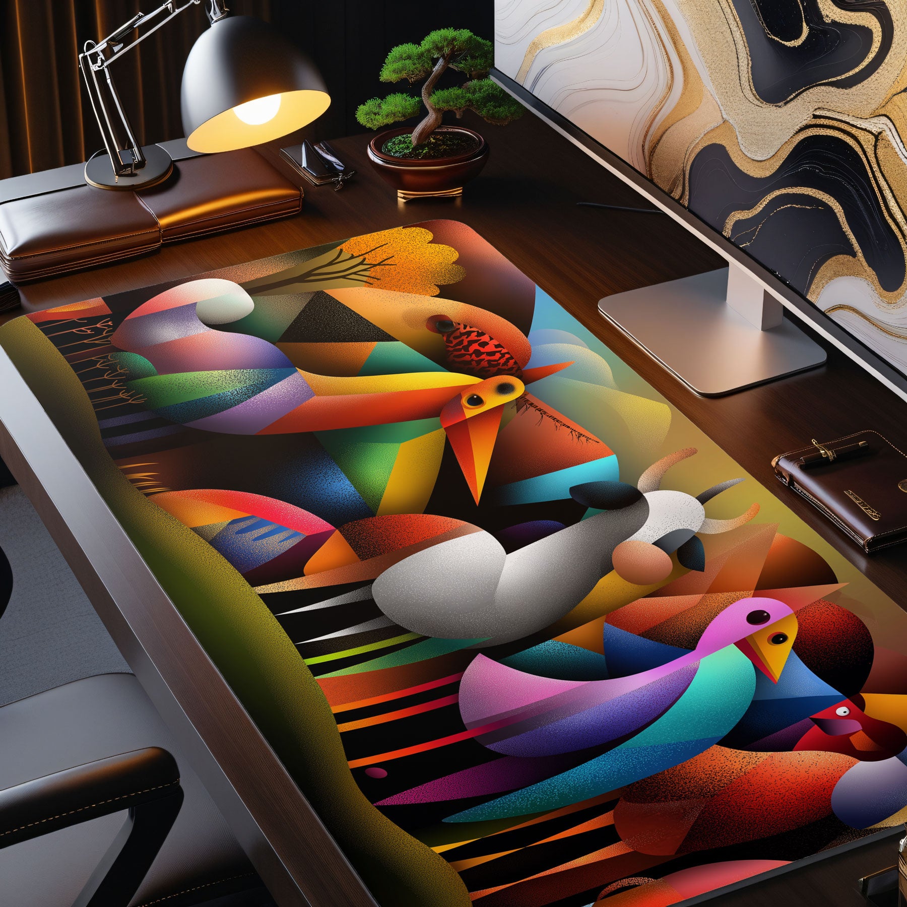 Colorful desk mat with abstract designs on a desk setup.
