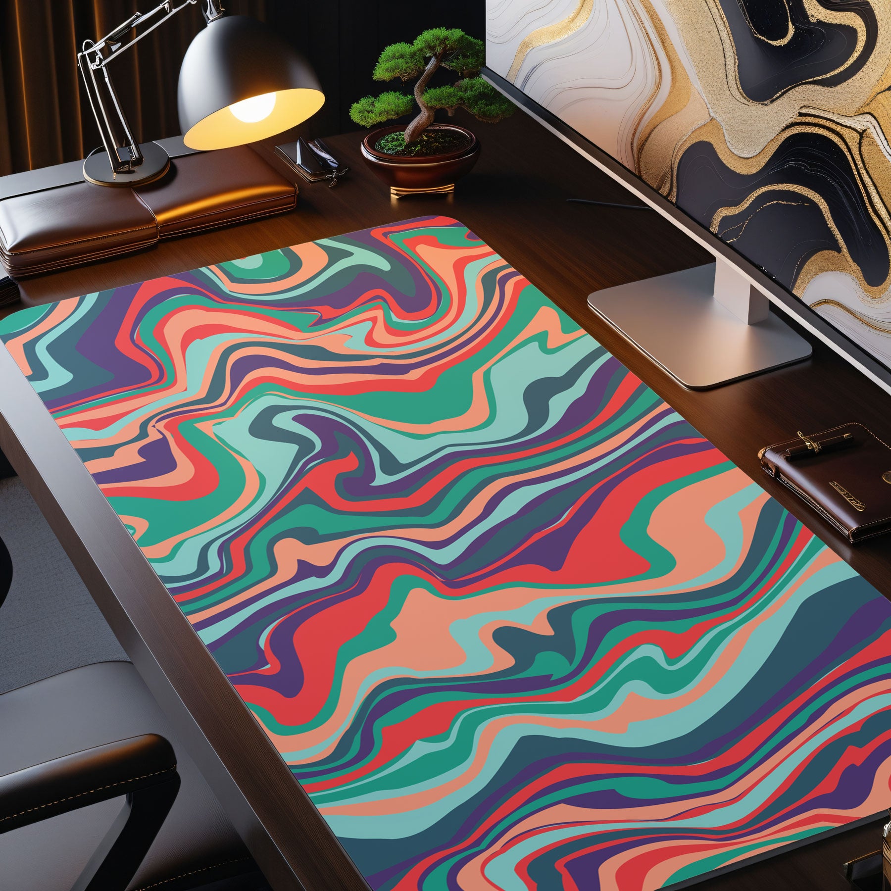 Colorful abstract patterned desk mat on a desk with office items.