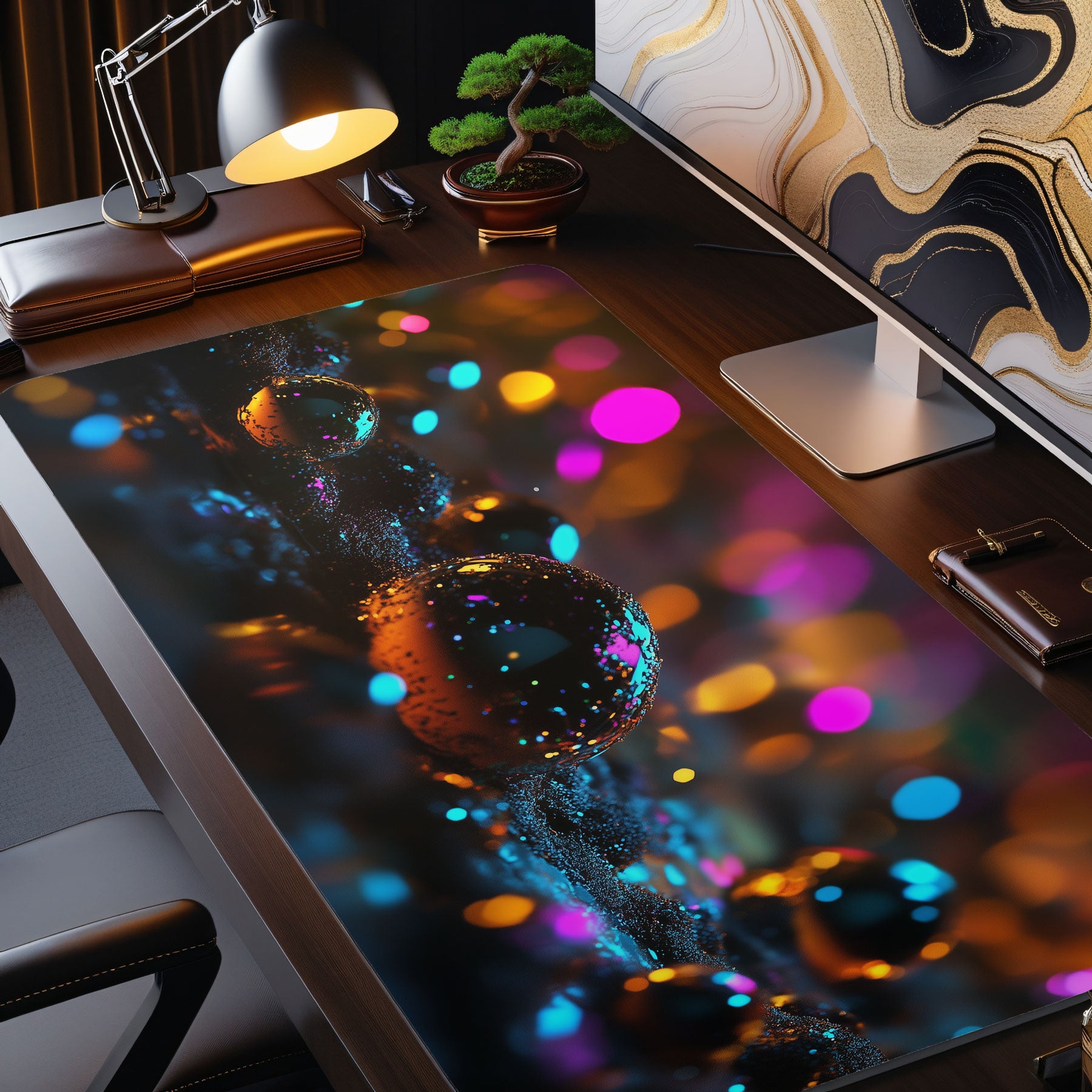 Extra-large gaming desk mat with futuristic glowing orb artwork
