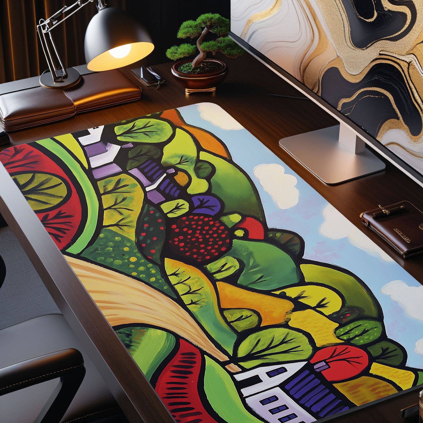 Office desk mat with bold colorful countryside landscape artwork