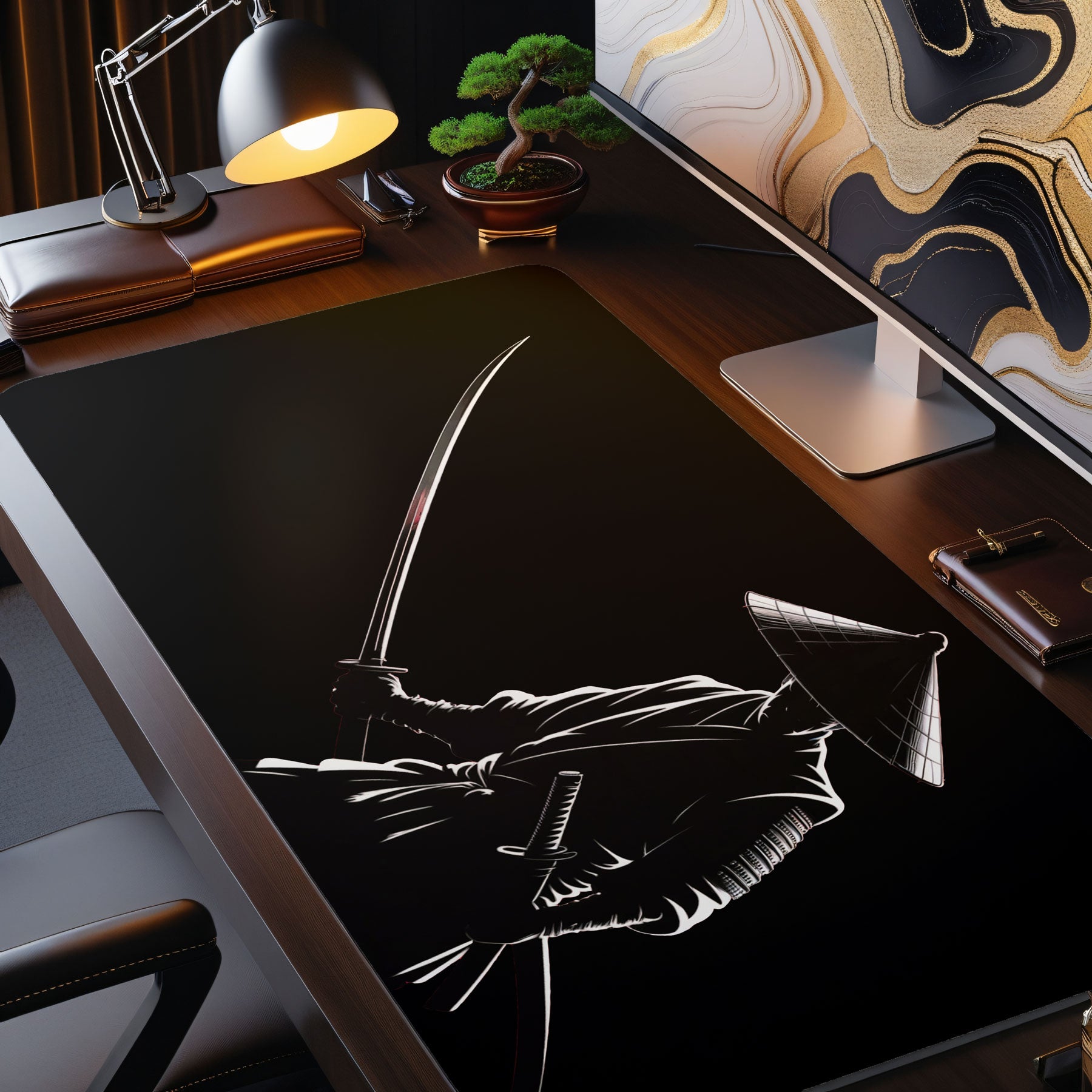 Japanese fighter desk mat featuring samurai in straw hat with katana
