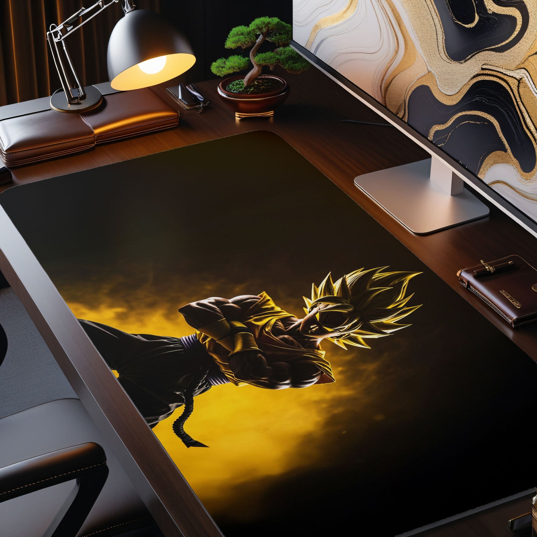 Gaming mouse pad featuring powerful anime fighter transformation