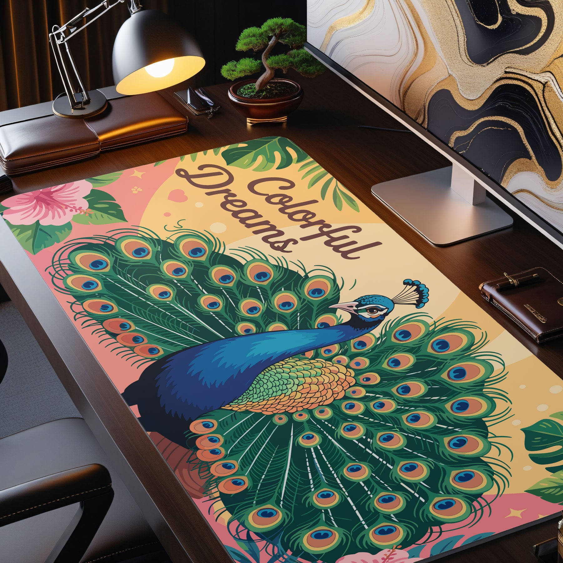 Artistic gaming mouse pad featuring peacock feather design
