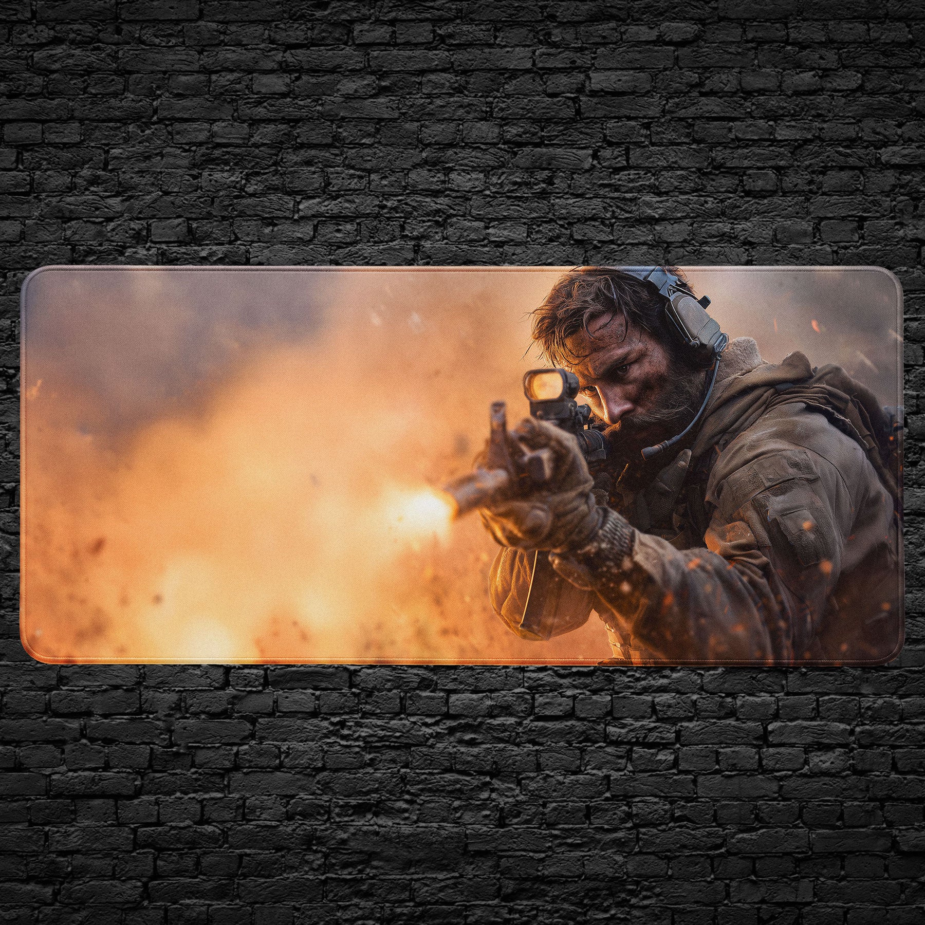 Tactical soldier desk mat with action war scene design