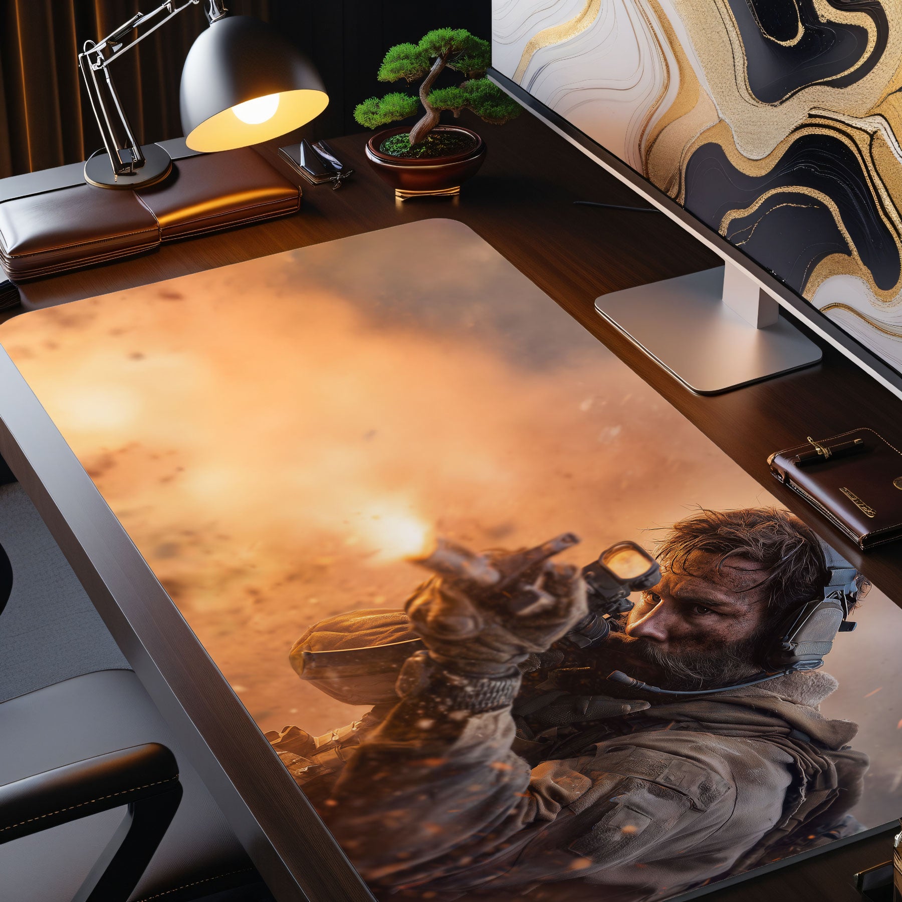 Gaming desk pad featuring military operator in combat