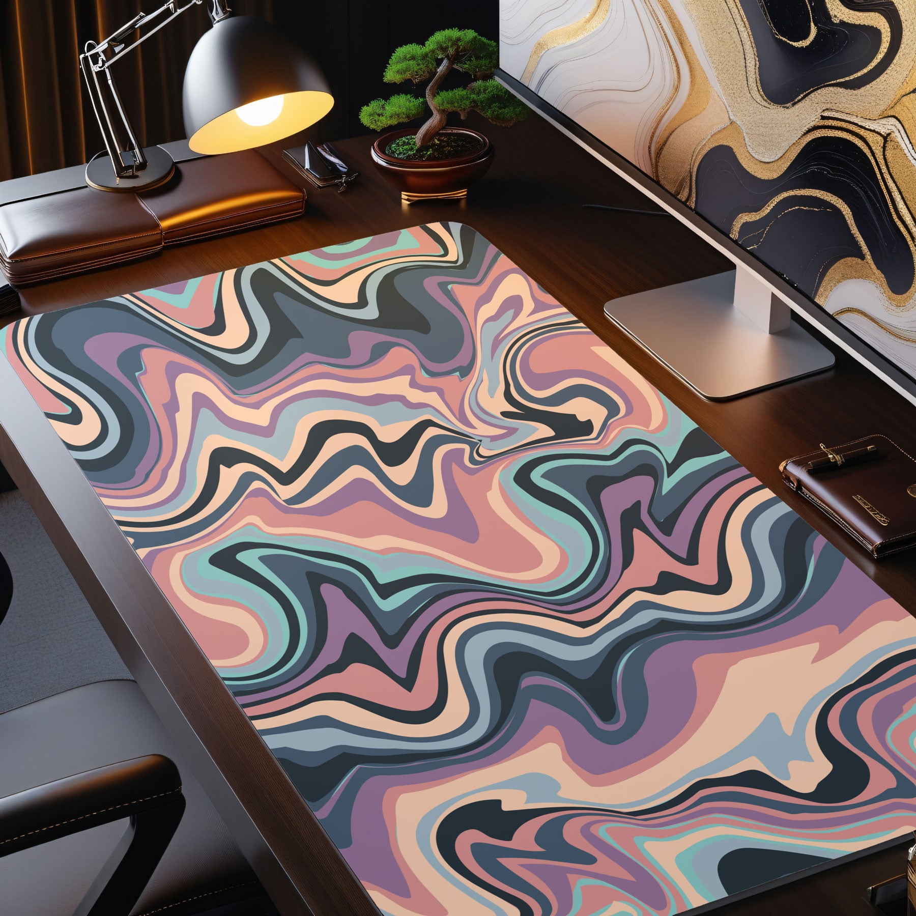 Large mouse pad featuring fluid marble pattern in purple and teal