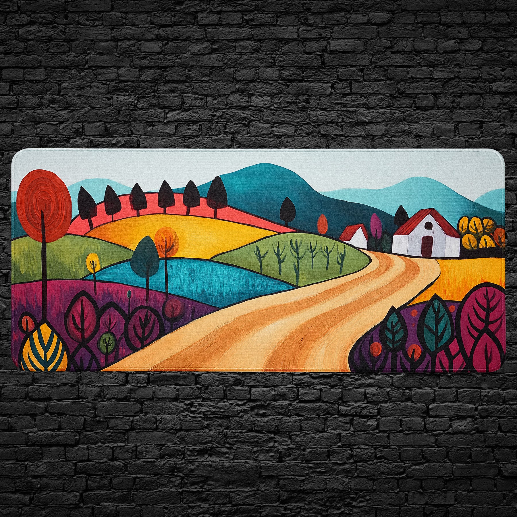 Folk art countryside desk mat with farmhouse and rolling hills