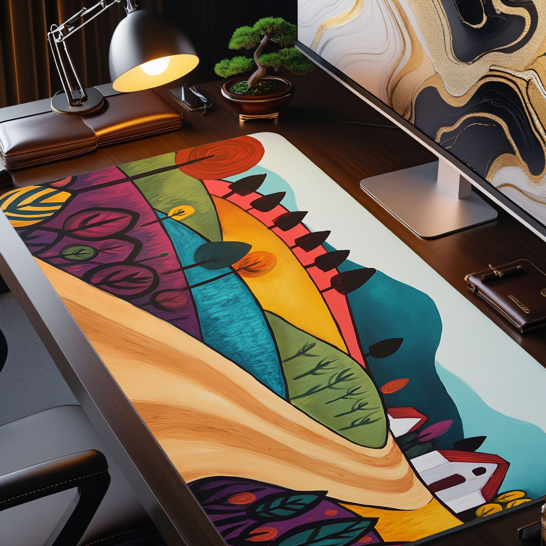 Colorful landscape desk pad featuring abstract trees and fields