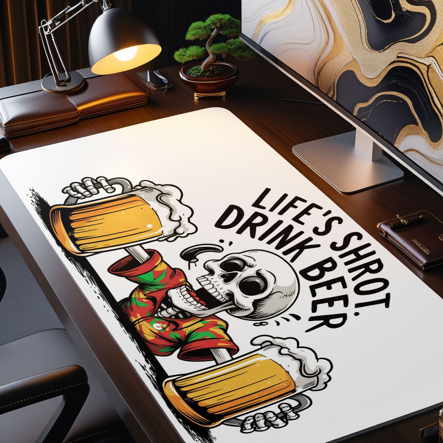 Desk setup with a decorative mouse pad featuring a skull and beer design, text 'Life's Shrot Drink Beer', and office items.