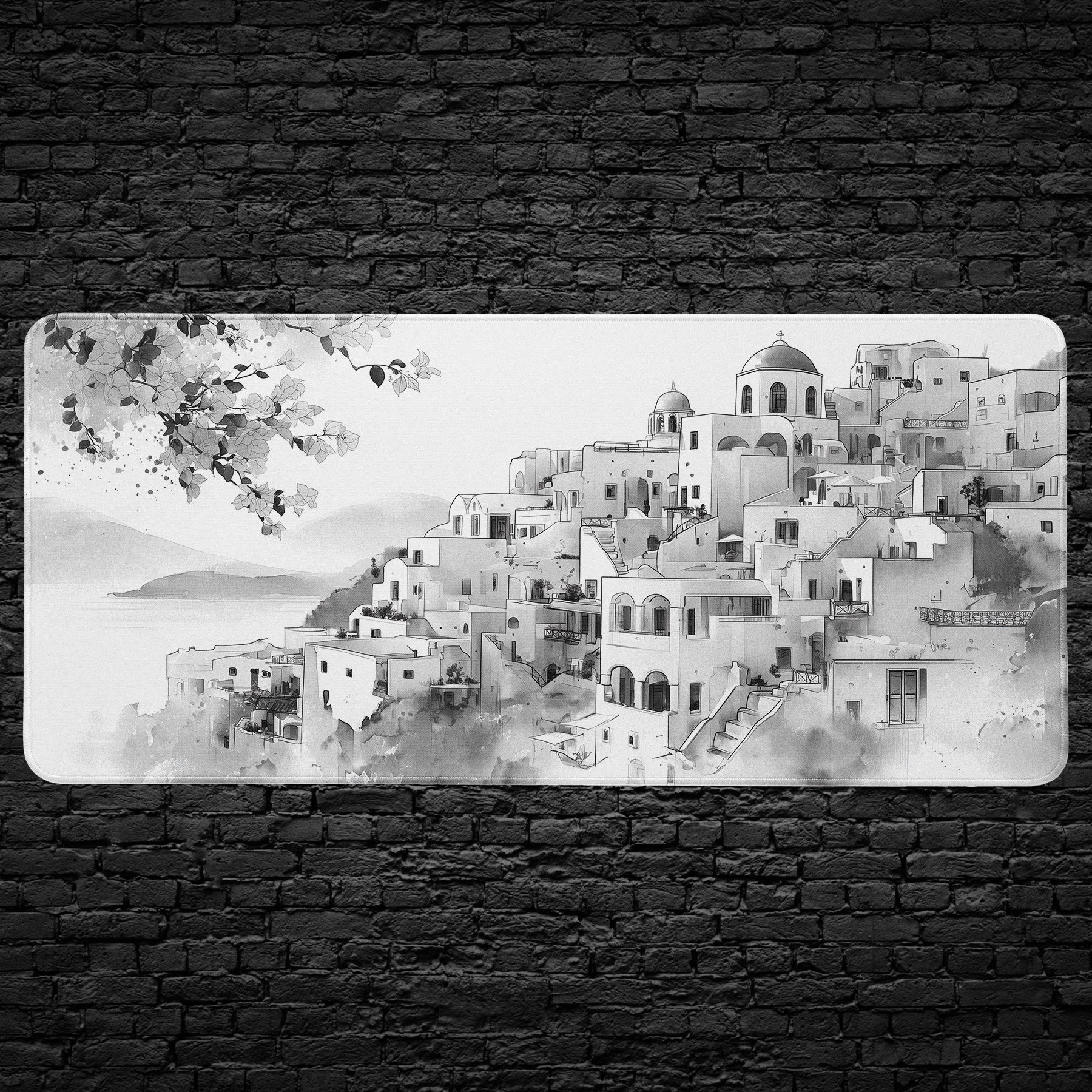 Santorini Greek village desk mat black and white ink style