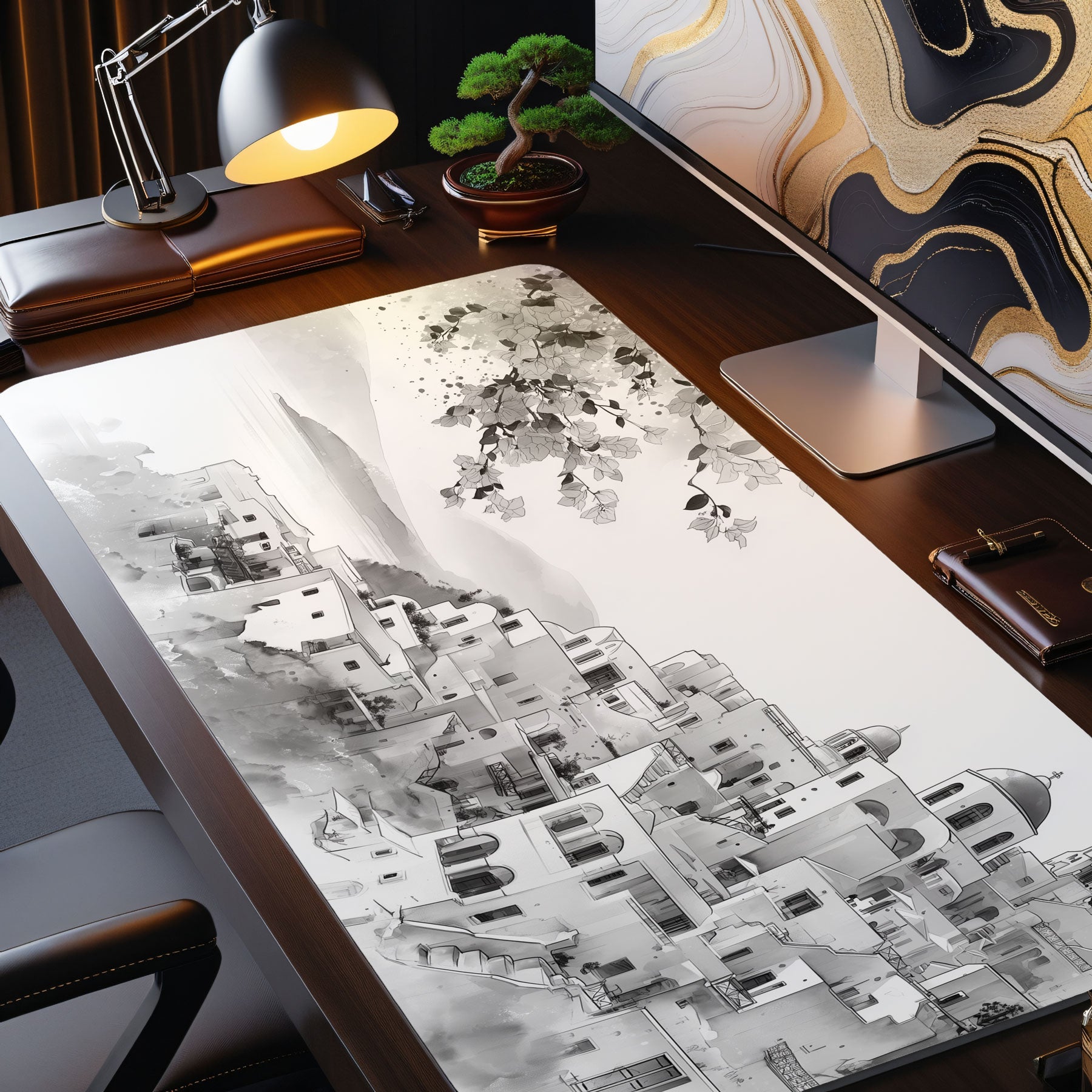Extended mouse pad with sketch of Greek architecture and sea view