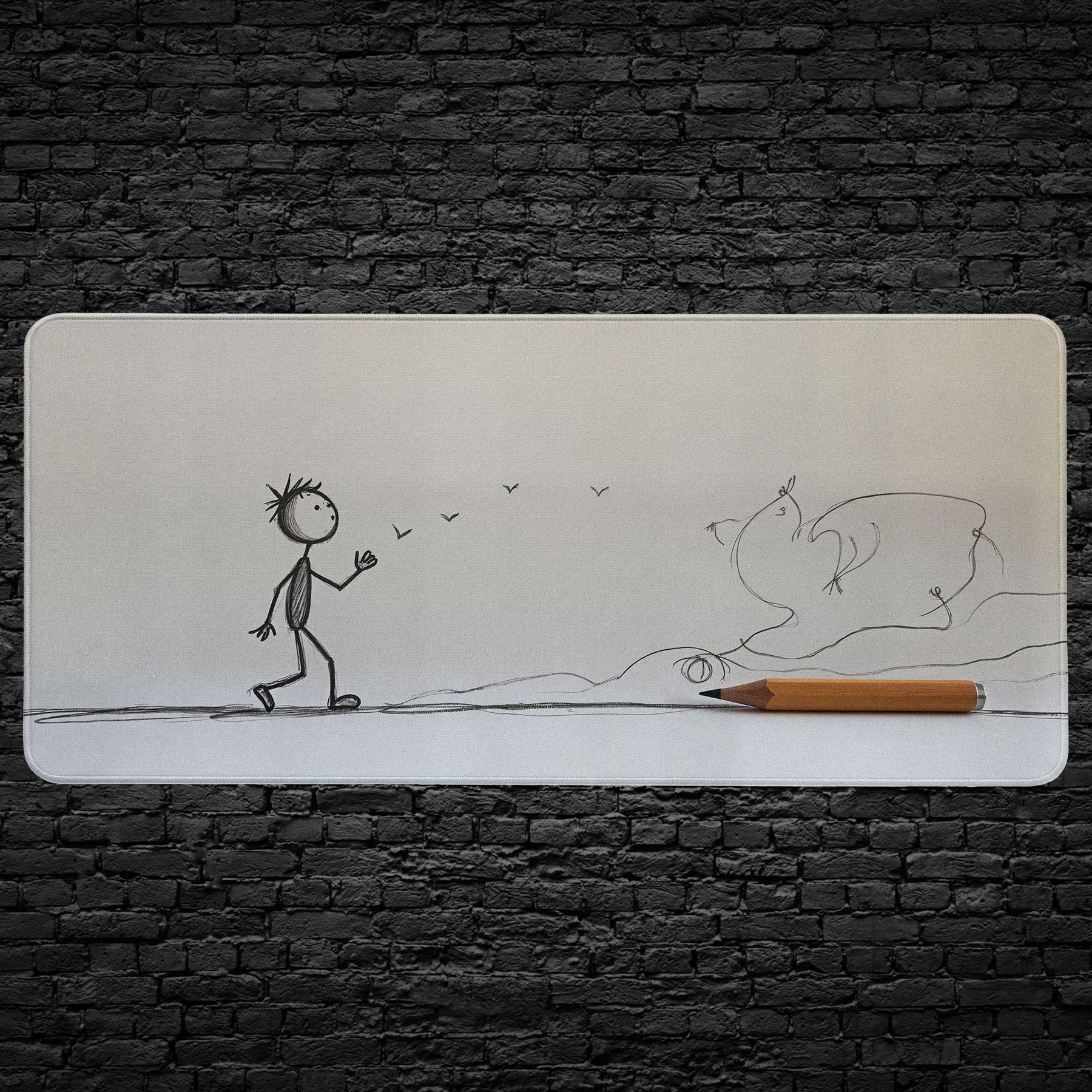 Minimalist sketch desk mat with stick figure art