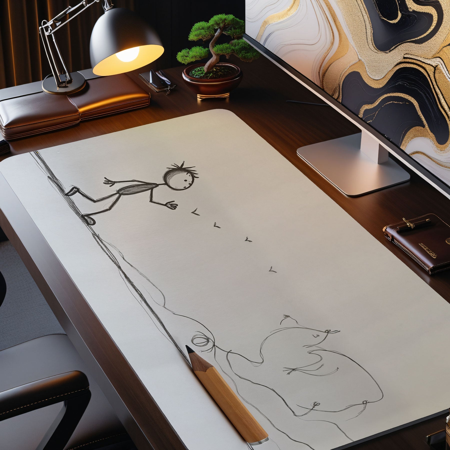 Desk setup with a large mouse pad featuring stick figure drawings, a computer monitor, and office supplies.