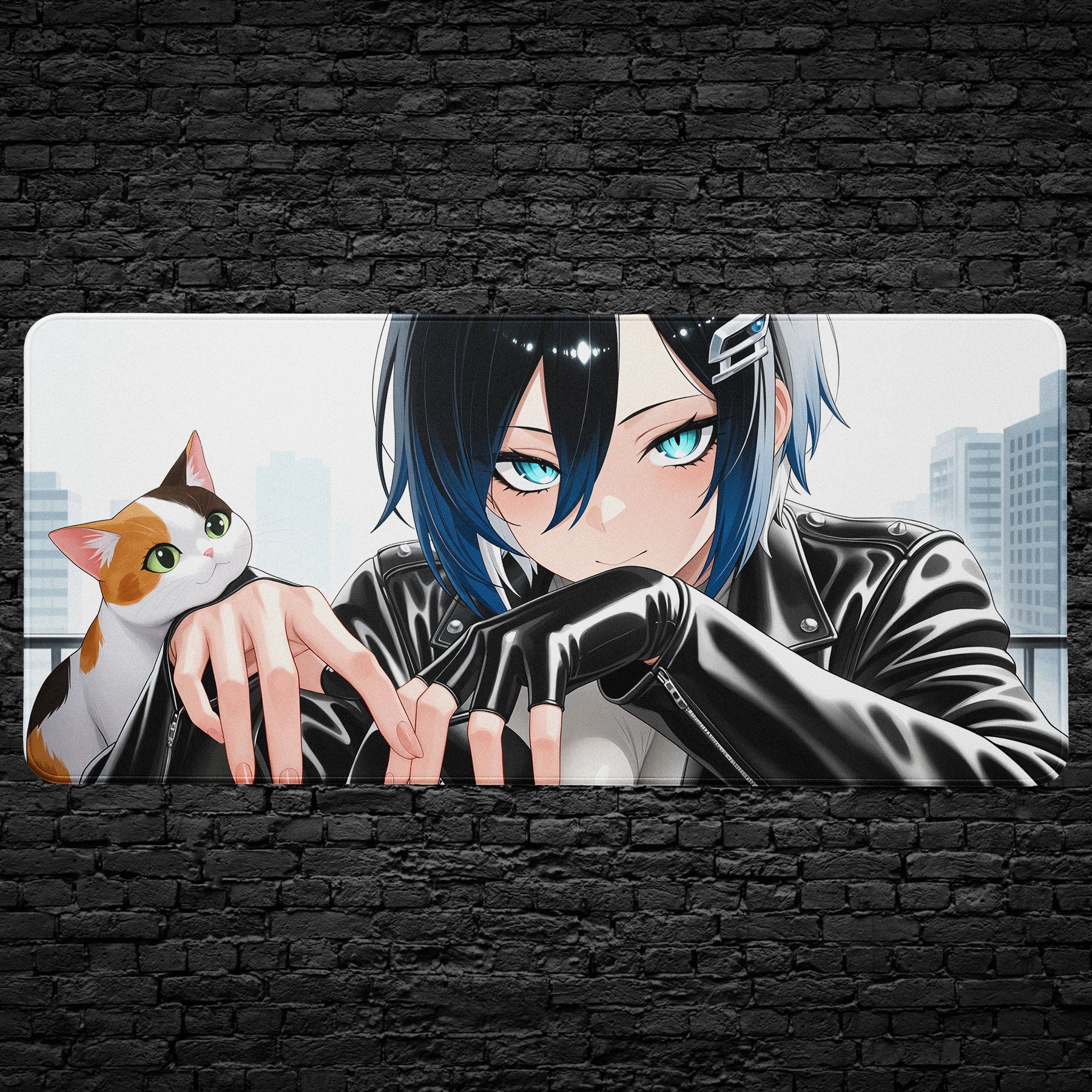 Anime girl desk mat with cat companion