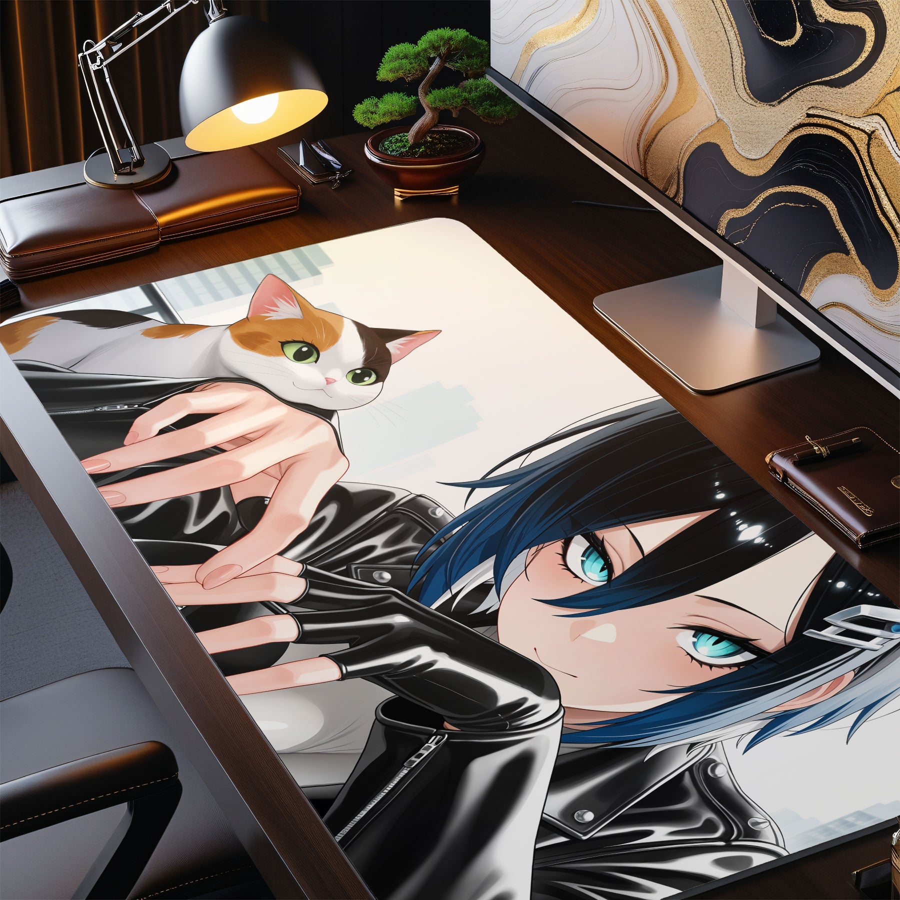 Cool anime artwork desk pad with blue-haired girl