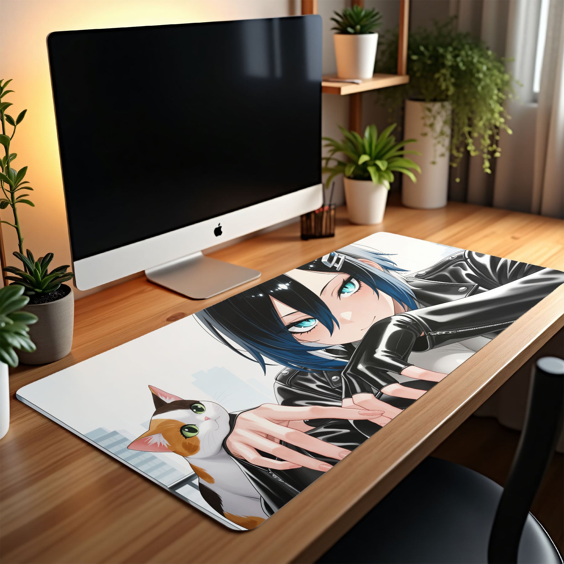 Desk setup with a computer monitor and an anime-themed mouse pad featuring a character and a cat.