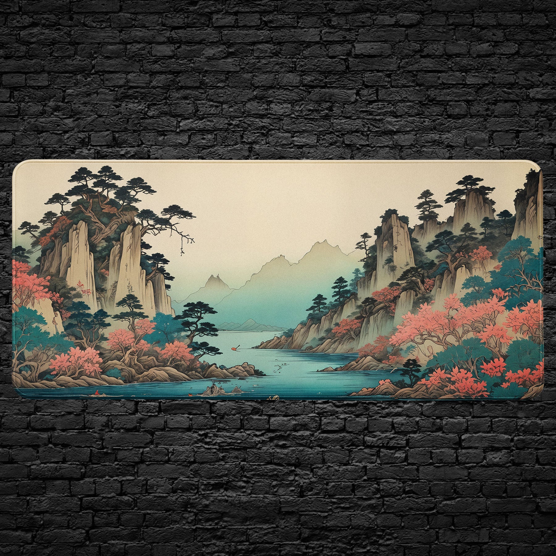 Asian landscape desk mat with cherry blossoms